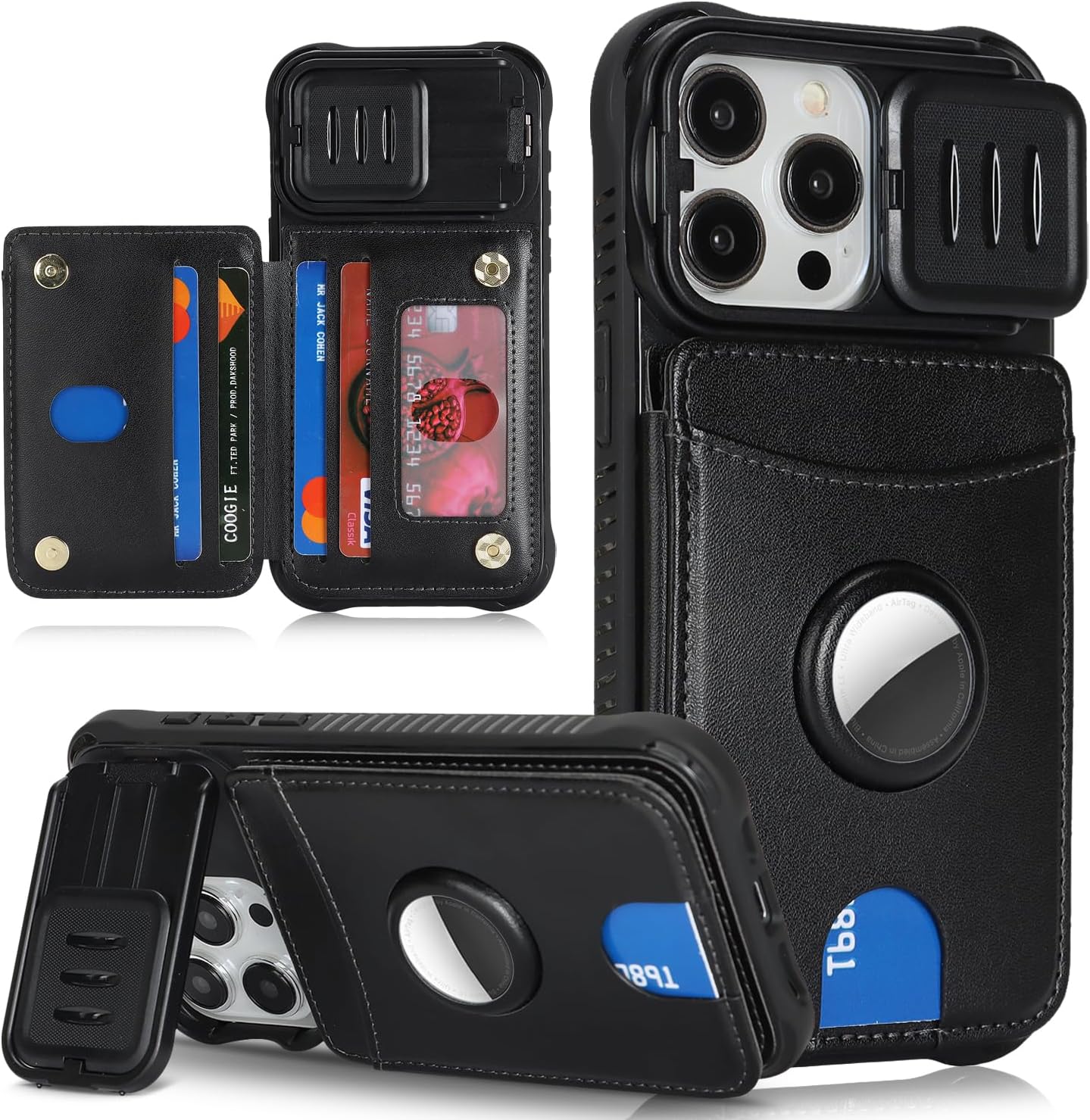 Cavor for iPhone 14 Pro Max Wallet Case with Card Holder for Women Men, AirTag Holder & Slide Camera Control Cover, PU Leather Kickstand Stand Heavy Duty Protective Phone Case-Black