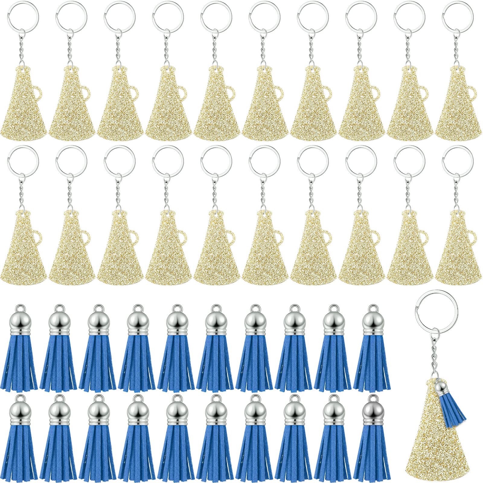 Cunno 20 Sets Cheer Keychain Bulk Cheer Gifts for Team Acrylic Megaphone Keychains with Tassel Cheerleader Cheerleading Gift (Gold and Blue)