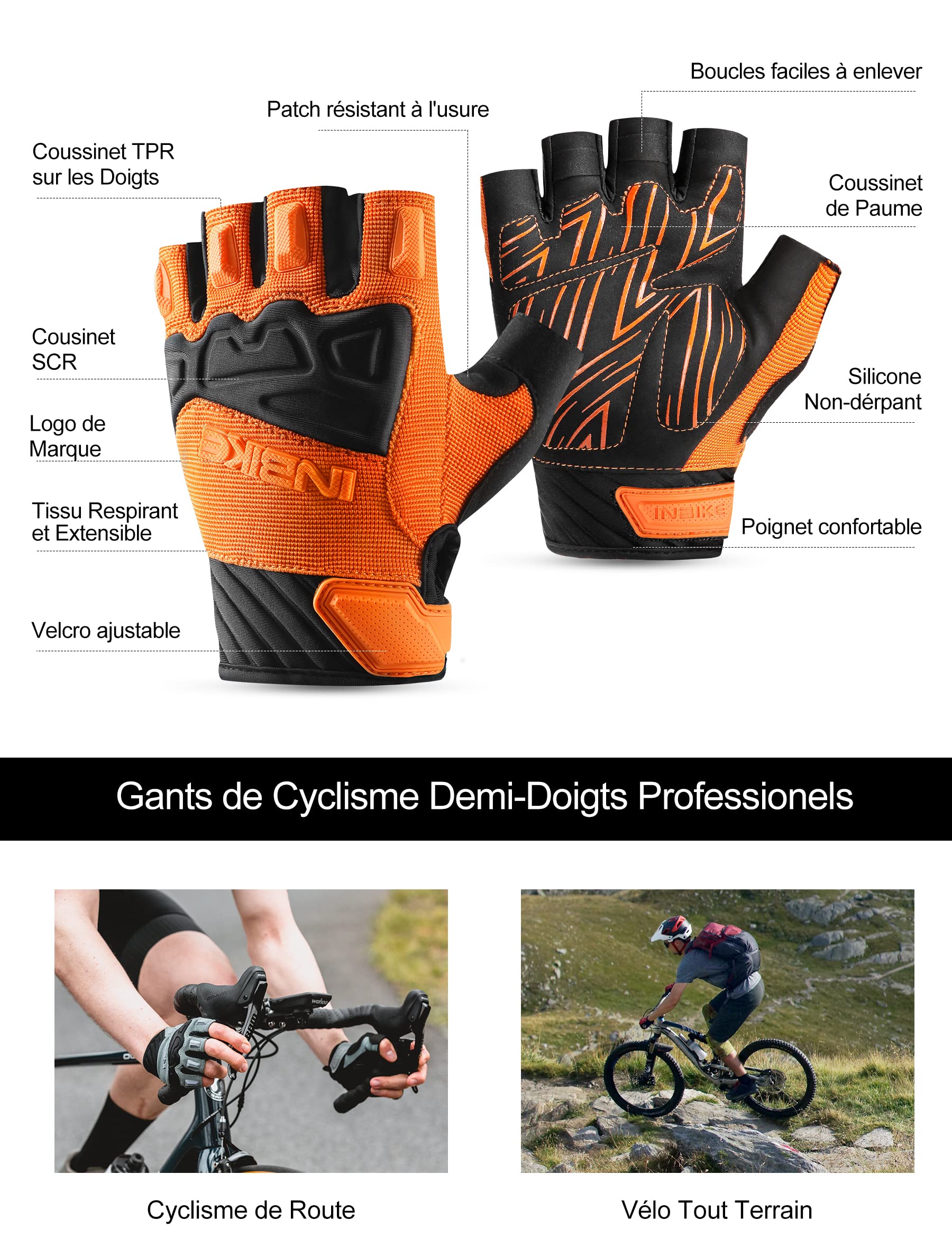 INBIKE Gants de Cyclisme Demi-Doigts MTB VTT Rembourré Mitaines été Antichocs Antidérapants Respirant