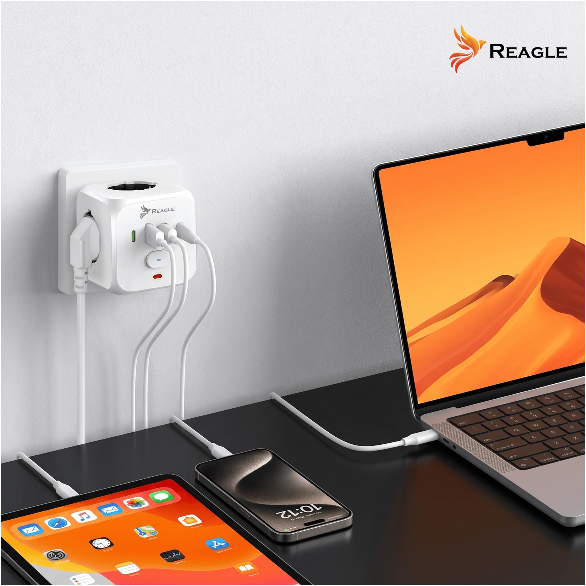 Reagle Kostka Zasilająca Bez Kabla 3 Gniazda 230V, Rozgałęźnik Do Gniazdka z USB 2x USB A 2x USB C, Listwa Zasilająca Cube, Włącznik ON OFF, 2500W, Do Domu Biura Podróży, Biała