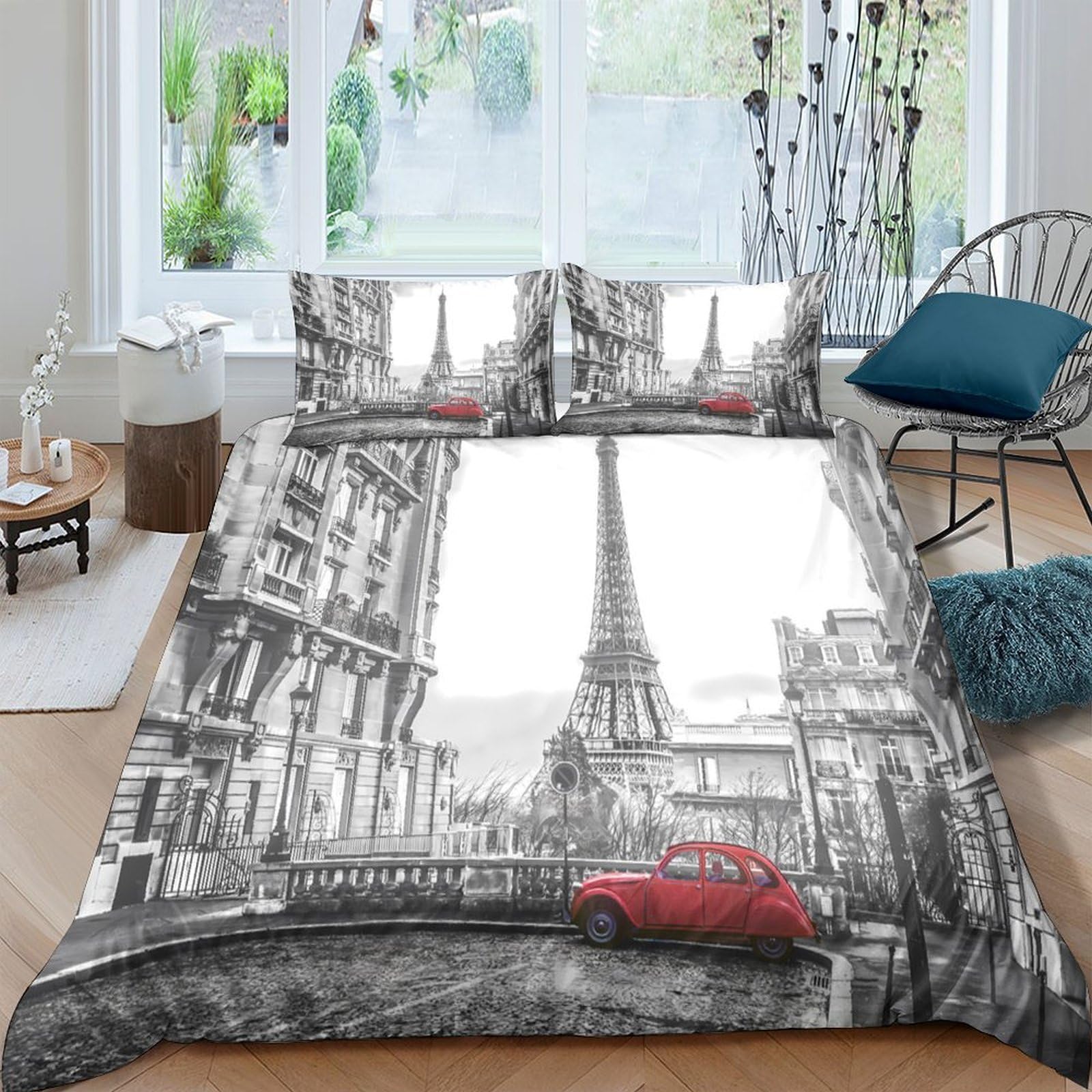 GPLZQXKJNH 3D Printed Paris Street Duvet Cover Microfiber Soft Breathable Eiffel Tower Bedding Set with 2 Pillowcases for Bedroom Home Decor Single（135x200cm）