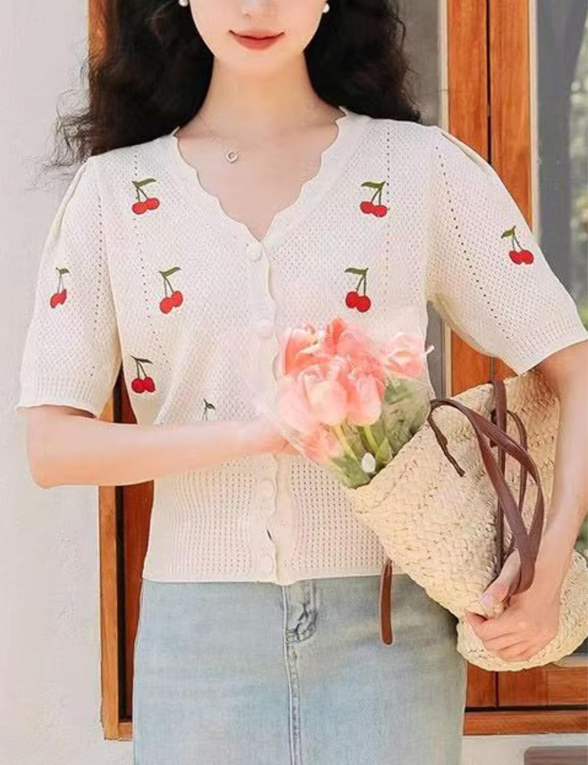 Xunger Women's Cute Cherry Embroidery Knit Cardigan V-Neck Summer Crochet Cropped Top Lightweight Casual Blouse - Image 3