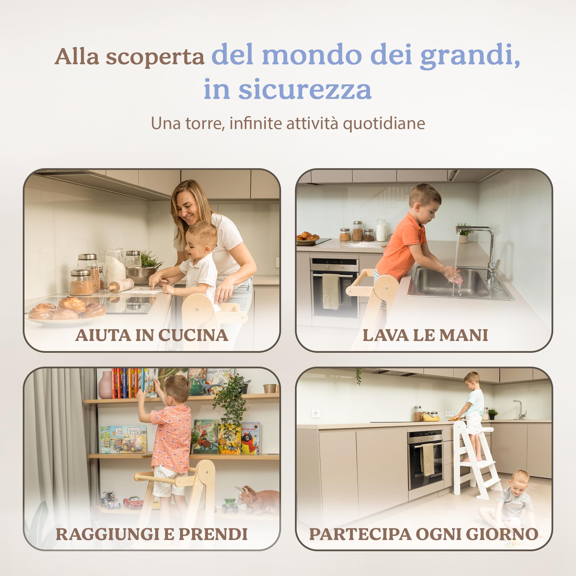 TOYBOX Torre Montessoriana Pieghevole, Learning Tower, Legno Naturale