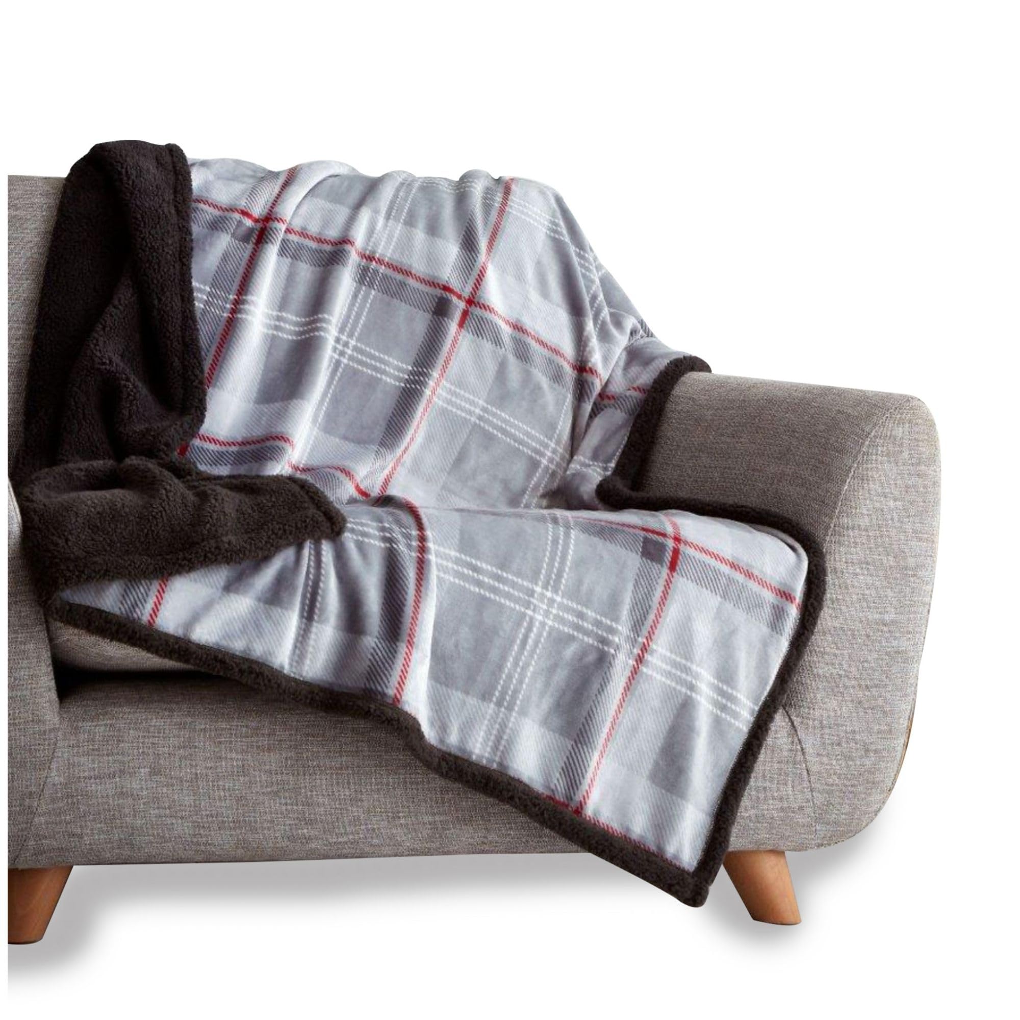 VELVETIO Cuddly Teddy Bear Fleece Throw 200 x 240cm, Super Soft Large Checkered Blanket for Sofa Bed, Snuggle Thermal Warm Lightweight Travel Throws, Grey/Red