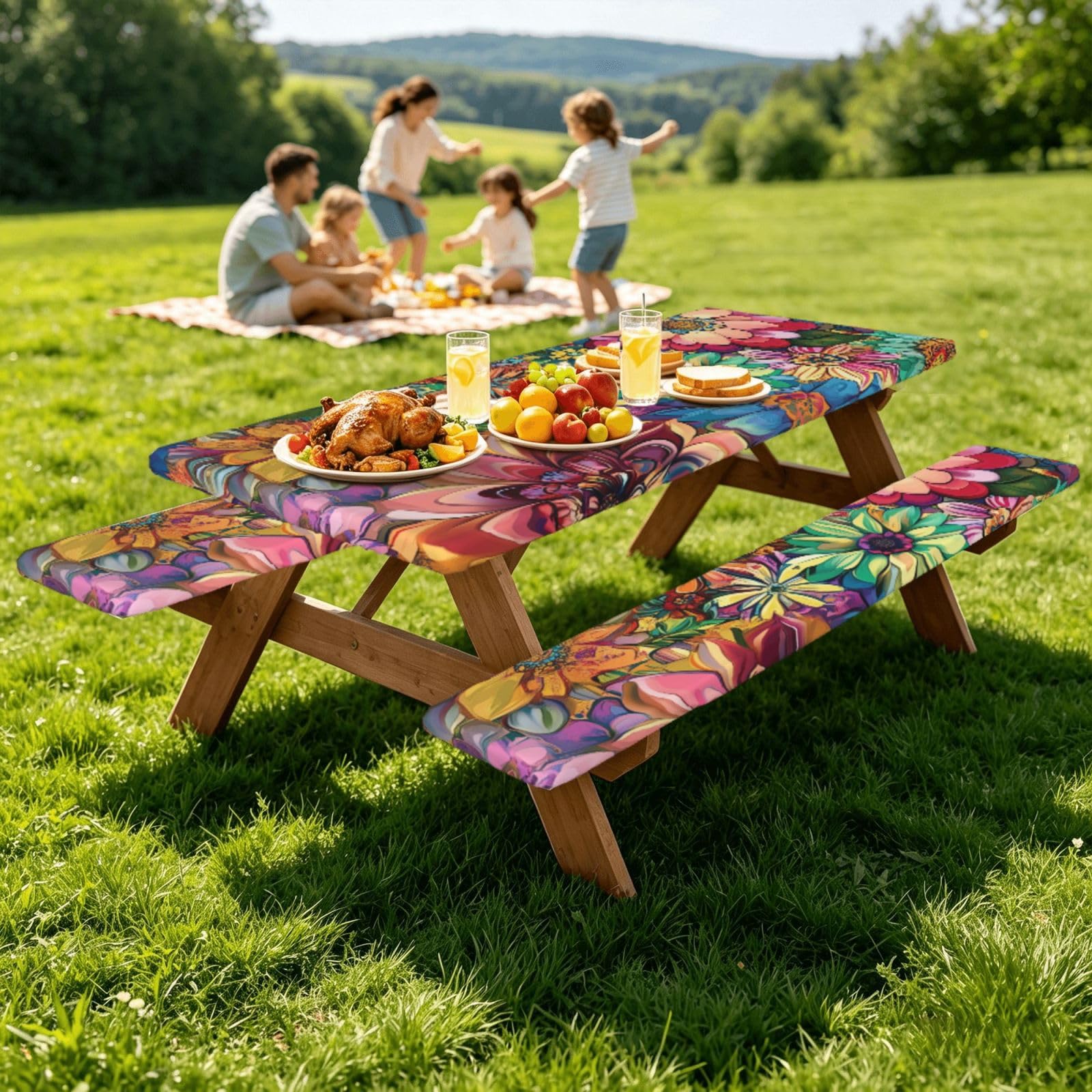 Nappe de pique-nique ajustée avec housses de banc, nappe élastique, imperméable, pour camping, extérieur, 183 cm