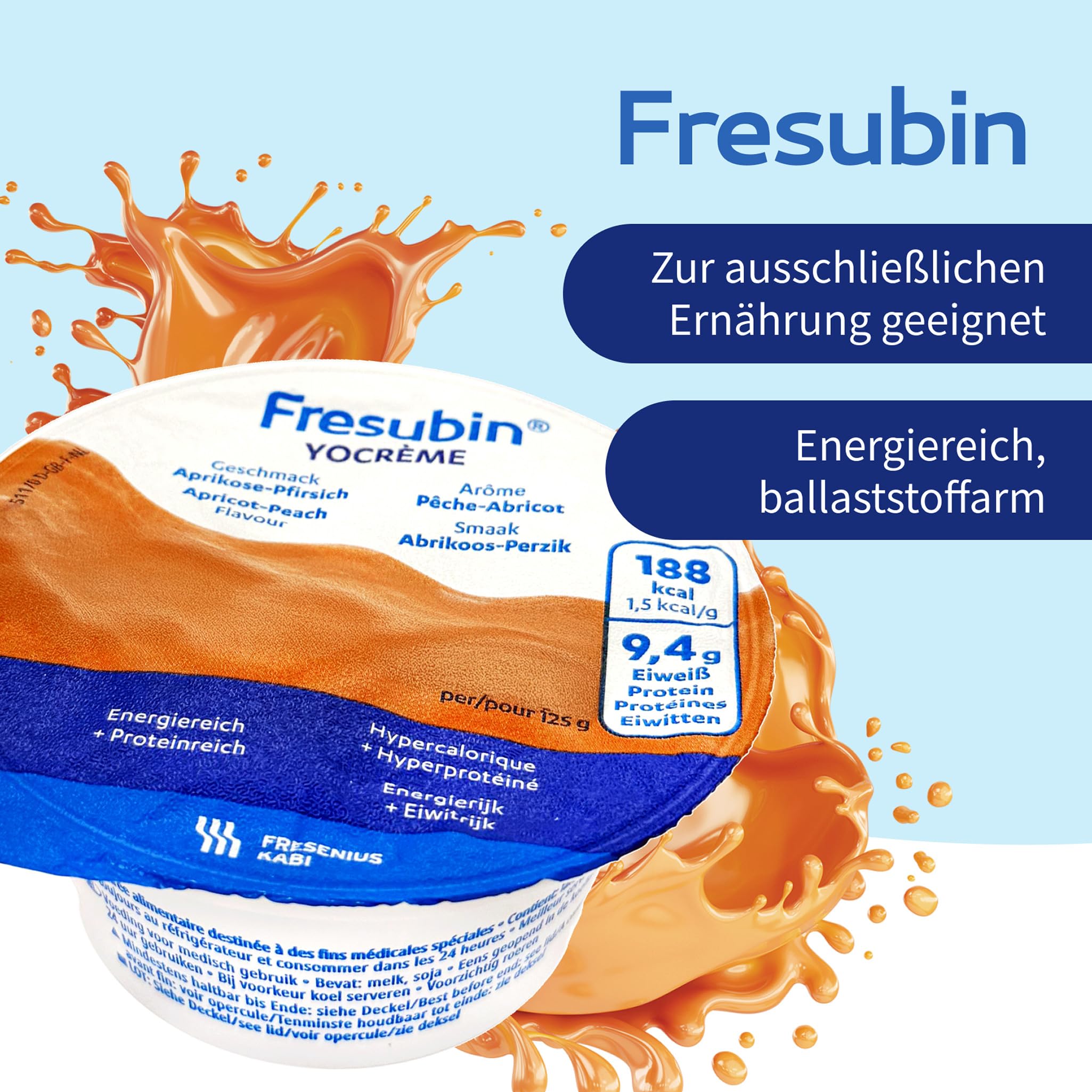 Fresubin YO Creme Aprikose-Pfirsich im Becher 24x125g - Hochkalorische Creme mit joghurt-frischem Aprikose-Pfirsich Geschmack zum Löffeln von Fresenius Kabi, 188 kcal pro Becher (125 g) (24er Pack)
