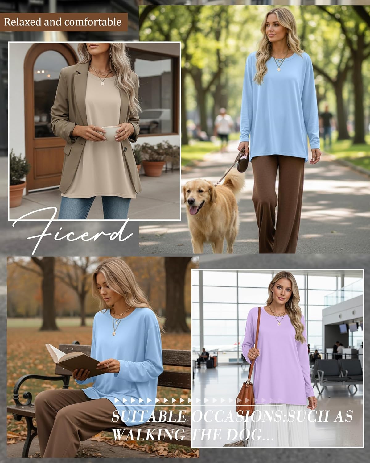 Ficerd 3 Pack Women's Oversized Long Sleeve Shirts Cotton Gym Round Neck Tops Loose Fit Casual Workout Baggy Fall Basic Tee