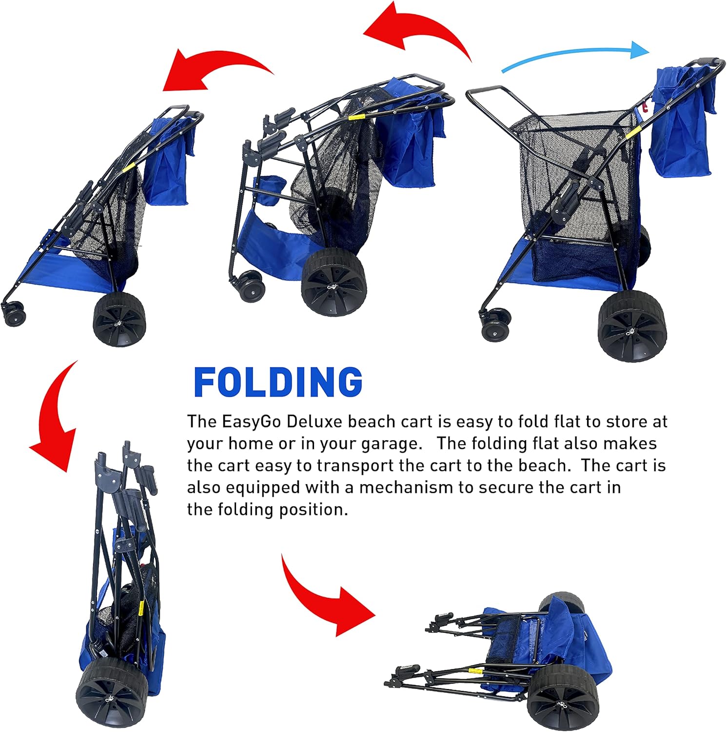 Beach Cart Deluxe Heavy Duty Folding Ocean Utility Large Sand Wheels Holds 4 Folding Chairs Umbrella Holder Removable Storage Bag – Premium Solid Blue
