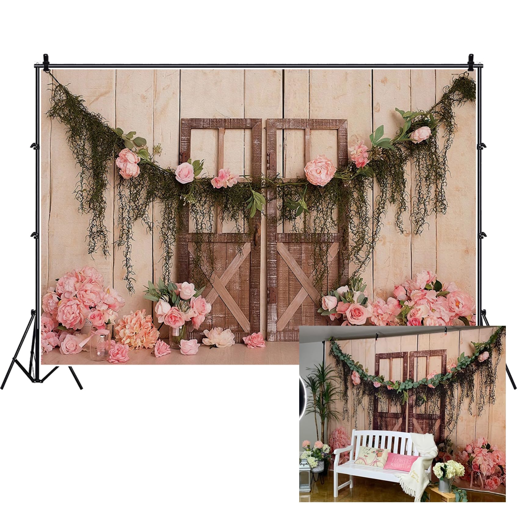 Haoyiyi 10x6.5ft Wedding Backdrop Rustic Pink Rose Flowers Wood Door Floor Board Photography Background Bridal Shower Mother's Day Valentine