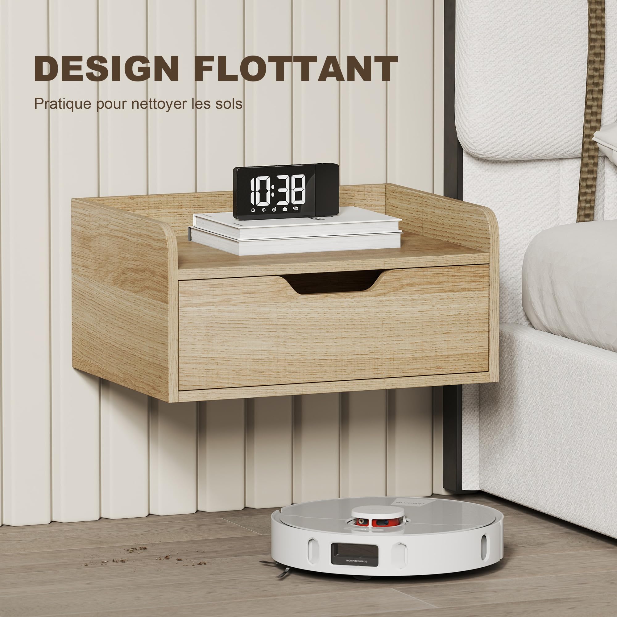 HOMCOM Set di 2 comodini da parete, comodini sospesi con cassetto e piano rialzato, stile moderno, per camera da letto, soggiorno, 40 x 30 x 19,5 cm, legno naturale