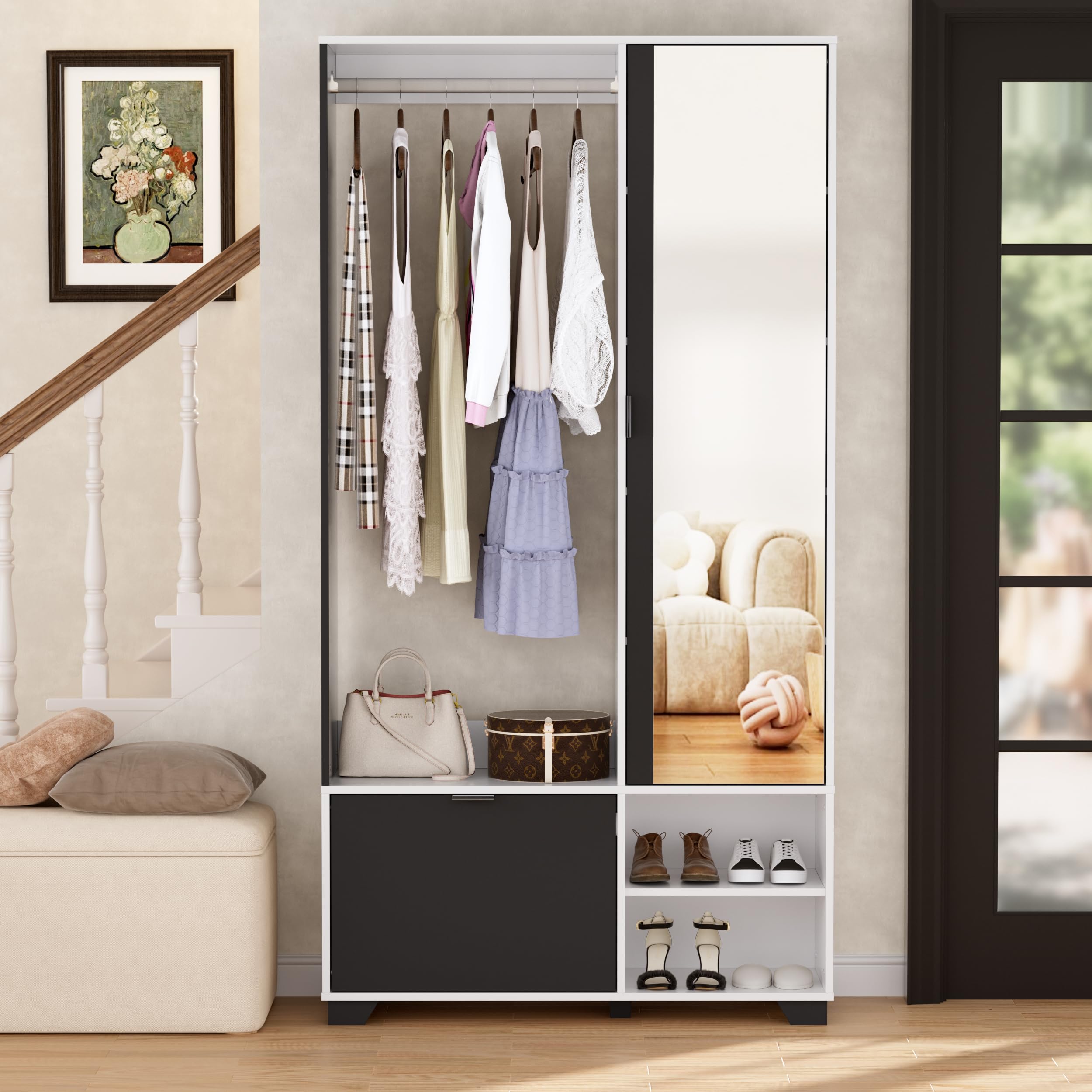 MSFE Meuble d'entrée Vestiaire avec 144 cm Miroir,Ensemble de Garde-Robe Compact avec Tringle à Vêtements,Armoire à Chaussures et Compartiments,Meuble D'entrée avec Rangement,100L x 33L x 190H cm