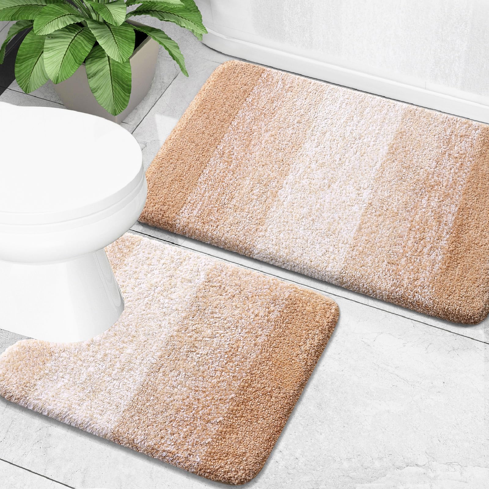 Bathroom Rug Set 2 Piece, Soft Absorbent Microfiber Bath Mats and U-Shaped Contour Toilet Rug, Non-Slip, Machine Wash Dry, Plush Shaggy Bath Mats for Bathroom (30"x20"+24"x20", Beige)