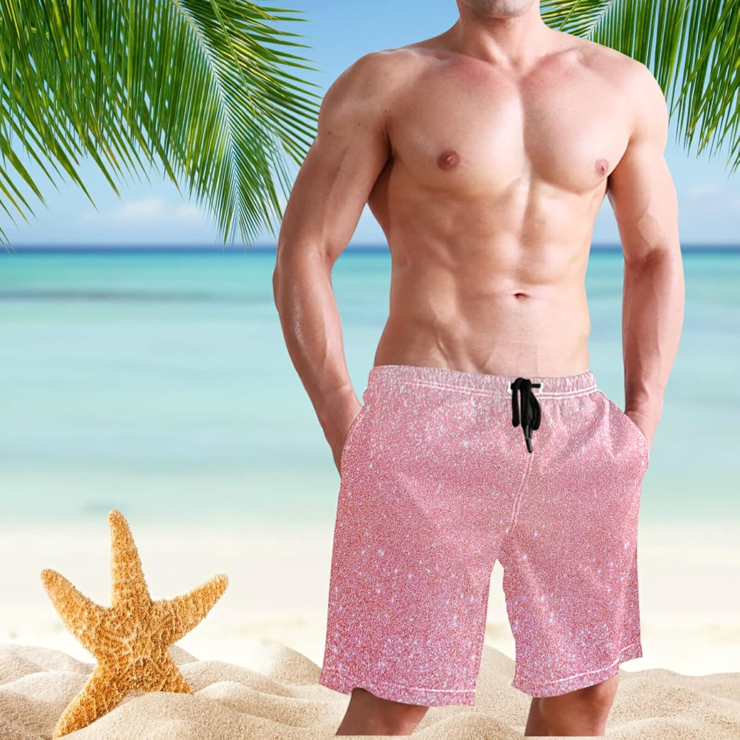 Eionryn Sparkly Pink Glitter Men's Swim Trunks Beach Shorts Quick Dry Swim Board Shorts with Pockets L