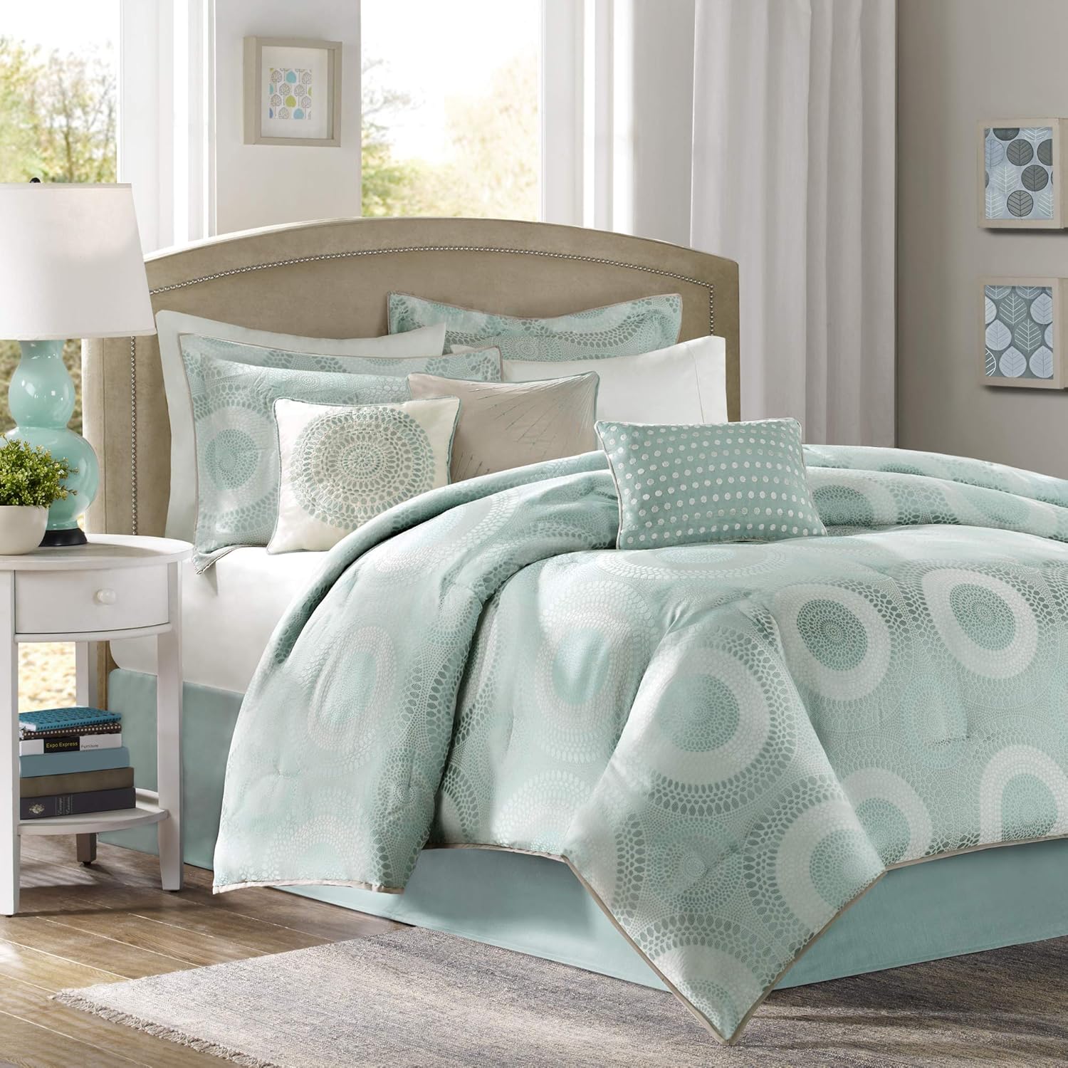 Madison Park Baxter Queen Size Bed Comforter Set Bed in A Bag - Seafoam Green Blue, Jacquard Medallion – 7 Pieces Bedding Sets – Ultra Soft Microfiber Bedroom Comforters