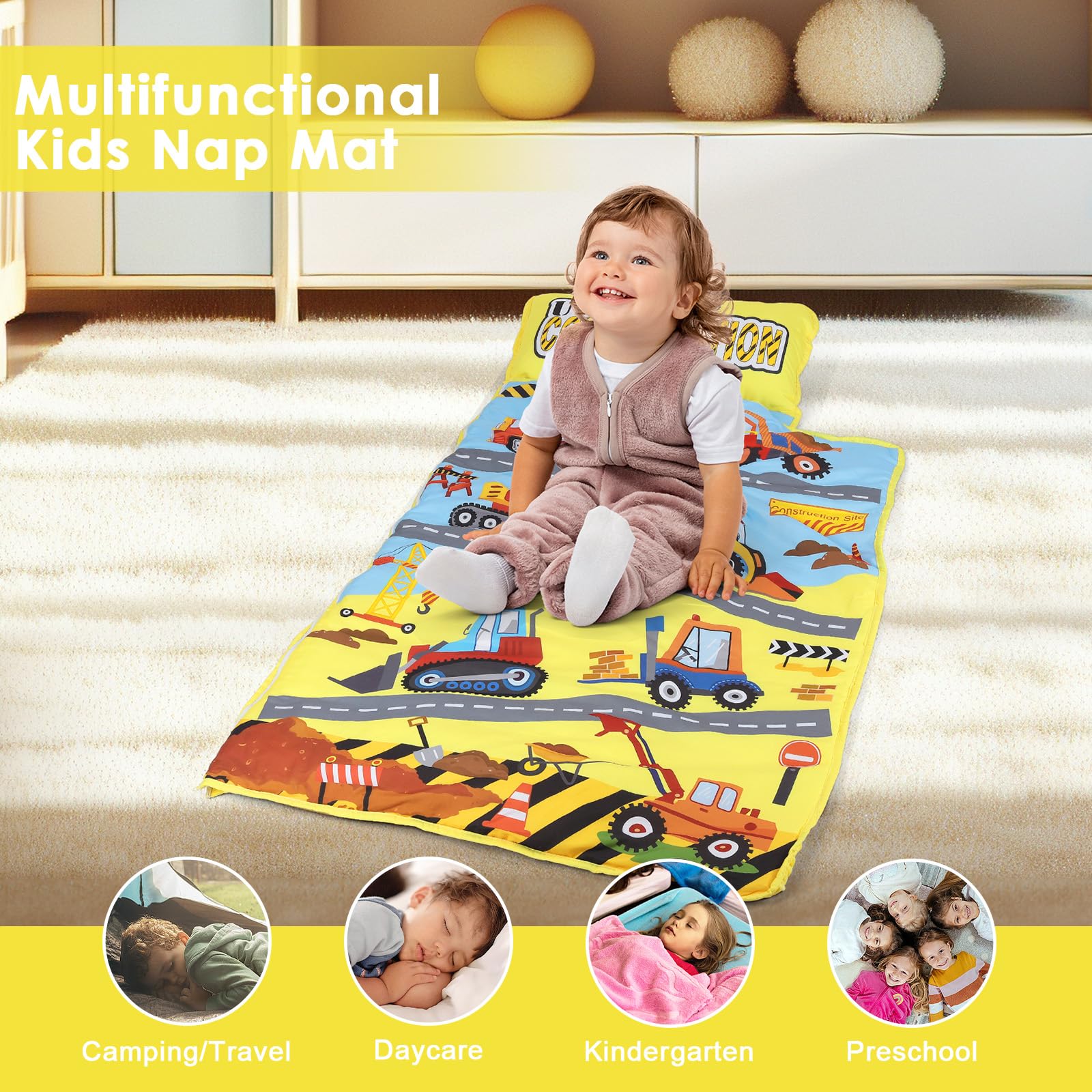 Tapis de Sieste pour Enfants avec Oreiller et Couverture Amovibles Sac de Couchage 2 en 1 Très Épais pour Garçons et Filles, Couverture de Sieste pour Crèche Voyage Camping (Véhicule de Construction)