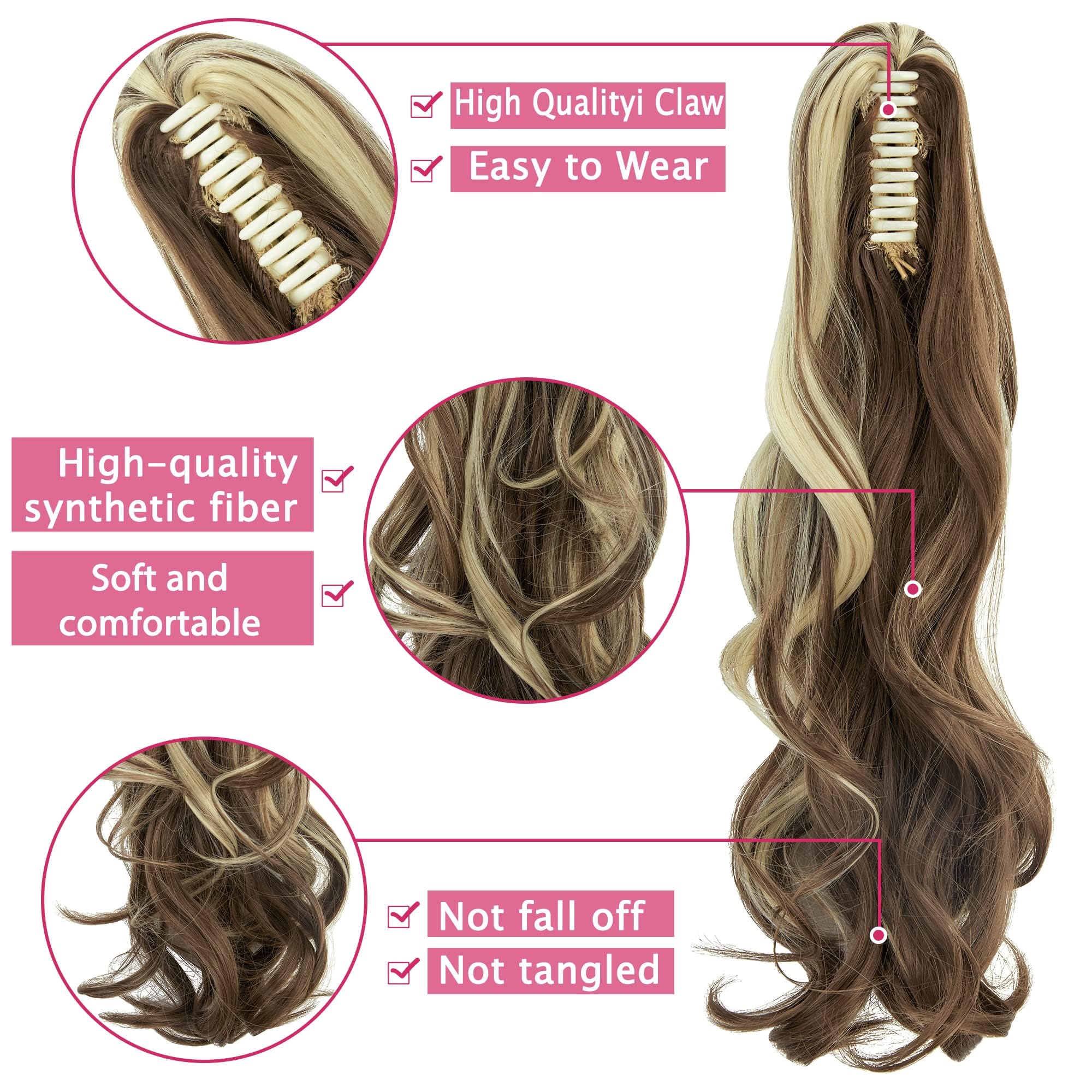 FXYTK Claw on Ponytail Clip in Ponytail Hair Extensions Hair Piece Clip on Pony Tail Hair Extension Claw Jaw Ponytail Extensions 18" Curly Brown Mix Bleach Blonde - Image 4