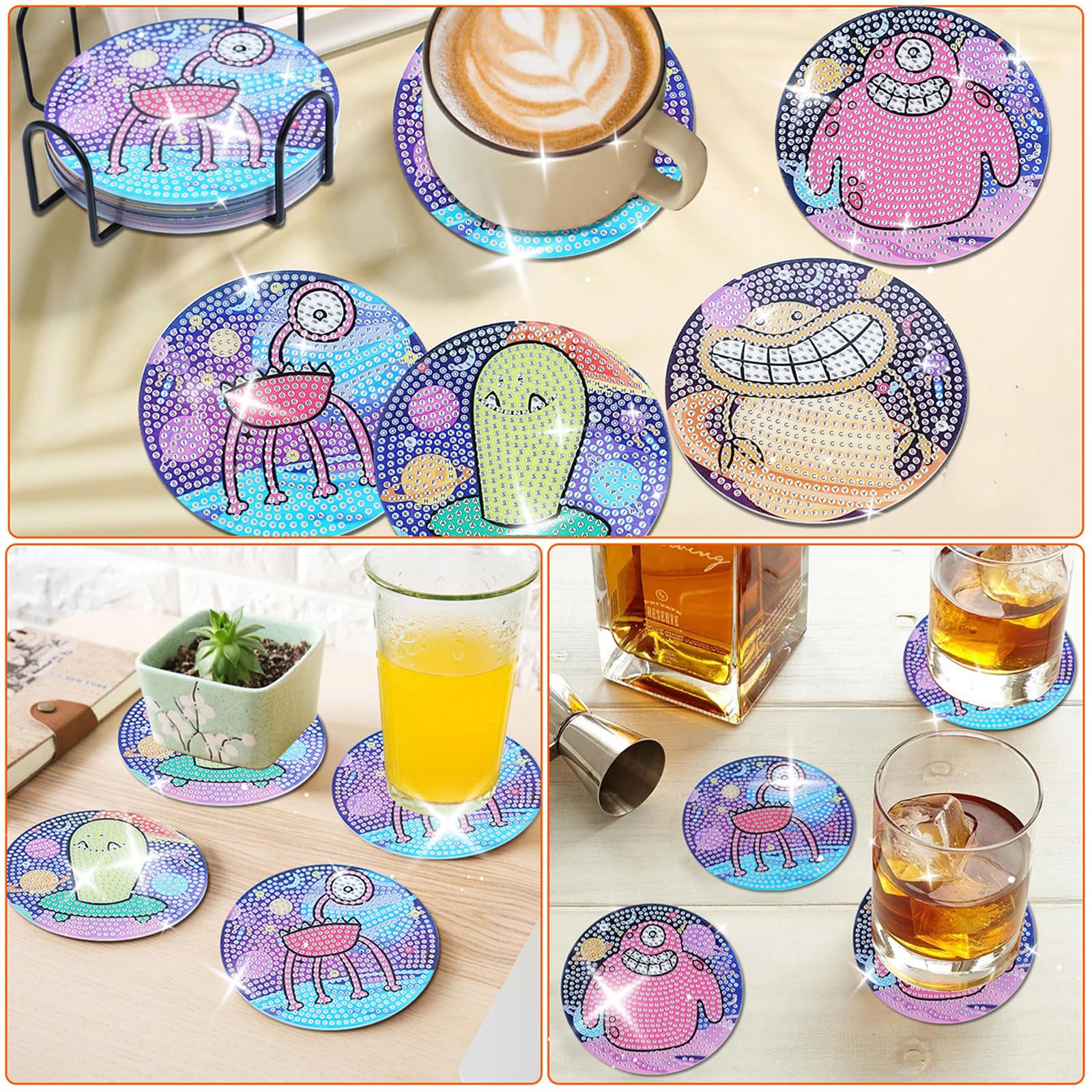 Lxmsja Set 8 Sottobicchieri Diamond Painting, Kit Completo Con Supporto E Sughero, Per Adulti E Bambini - 3