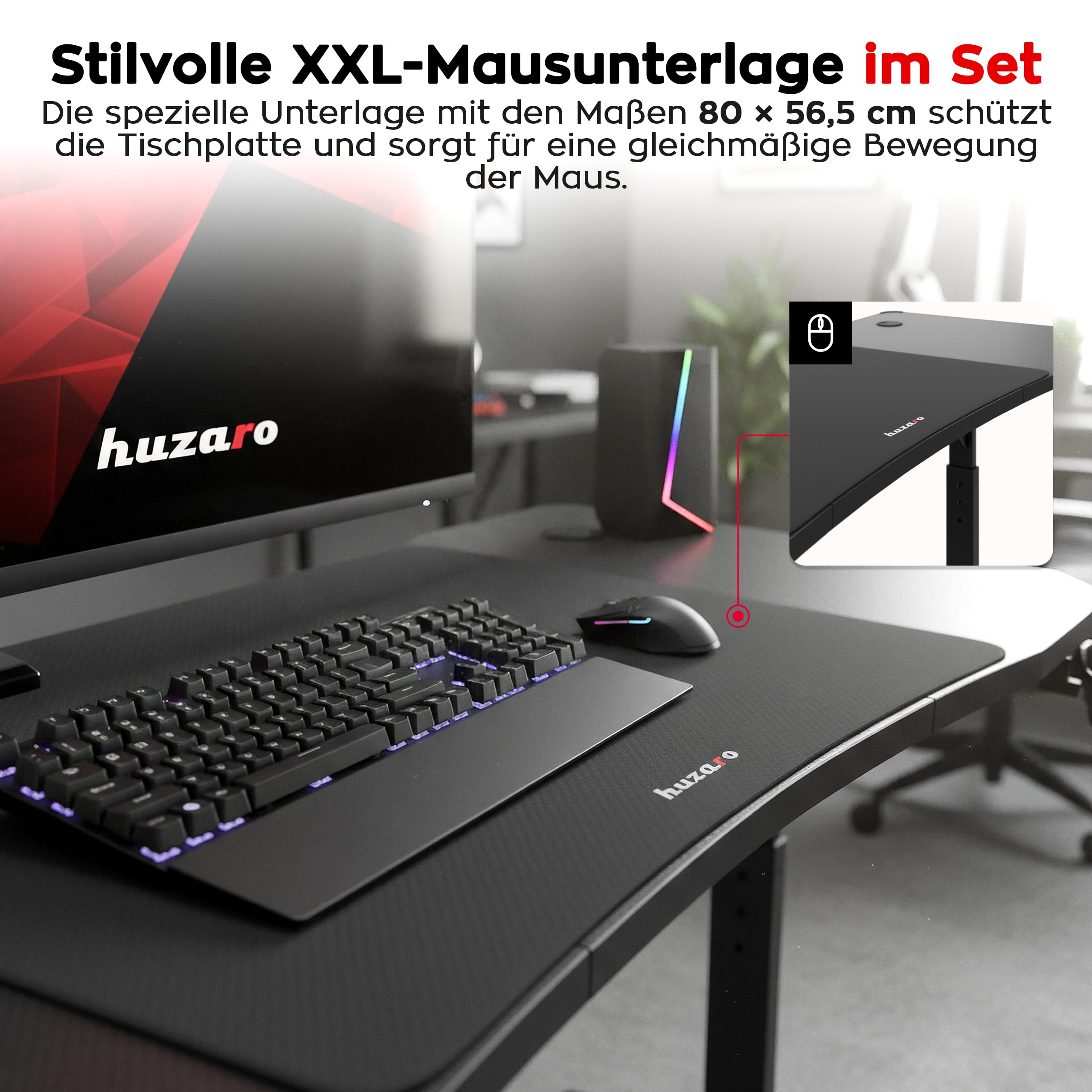huzaro Hero 3.6 biurko gamingowe, regulowane w wysokości, biurko LED do PC 140×60 cm z powierzchnią z włókna węglowego, XXL podkładka pod mysz, zaczep na słuchawki i uchwyt na napoje, biurko dla