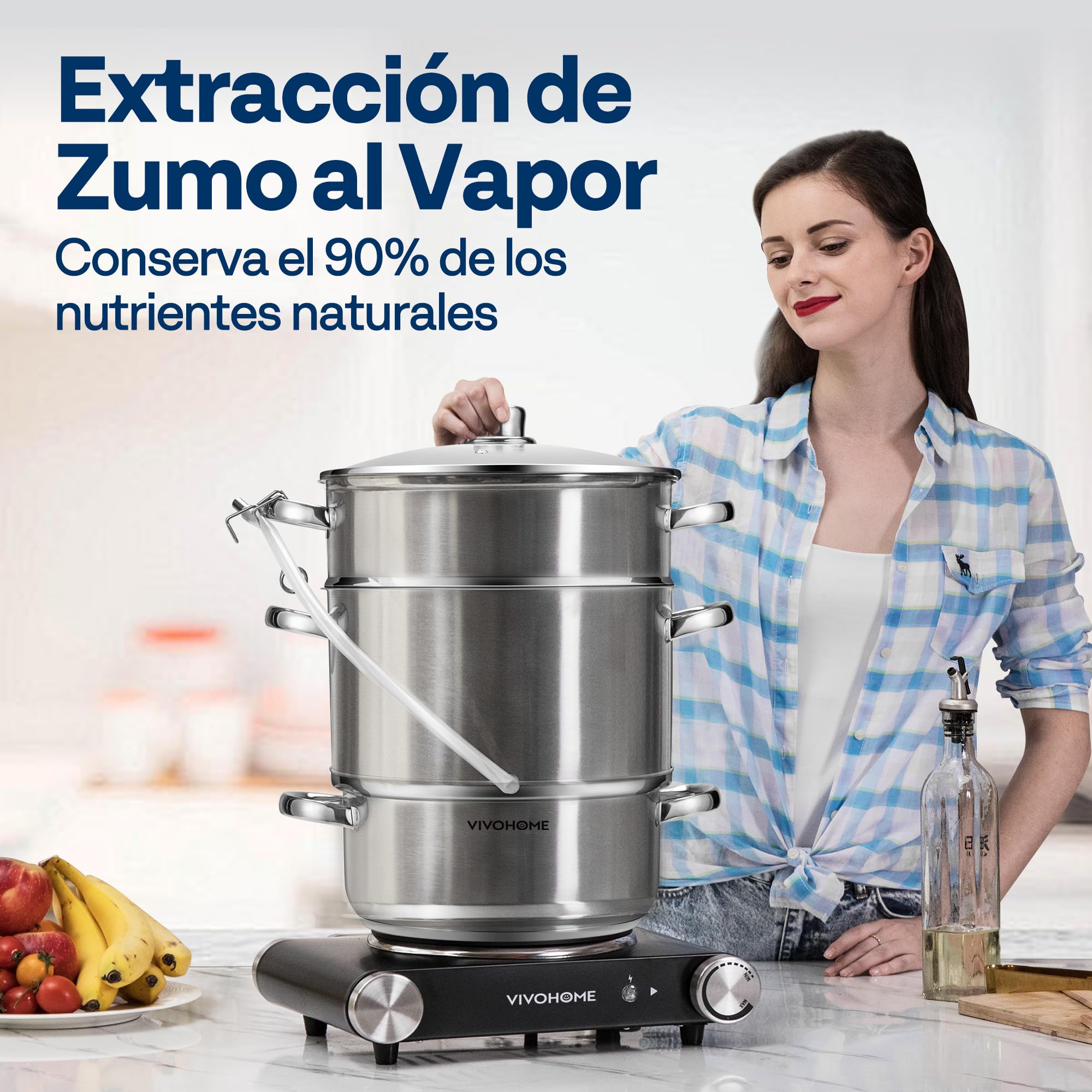 VIVOHOME Exprimidor de Vapor con Tapa de Vidrio 8L Extractor de Frutas | Ø 26cm, Acero Inoxidable, Verduras Casero con Tubo, Apto para Lavavajillas, para Todas las Cocinas, incluida Inducción