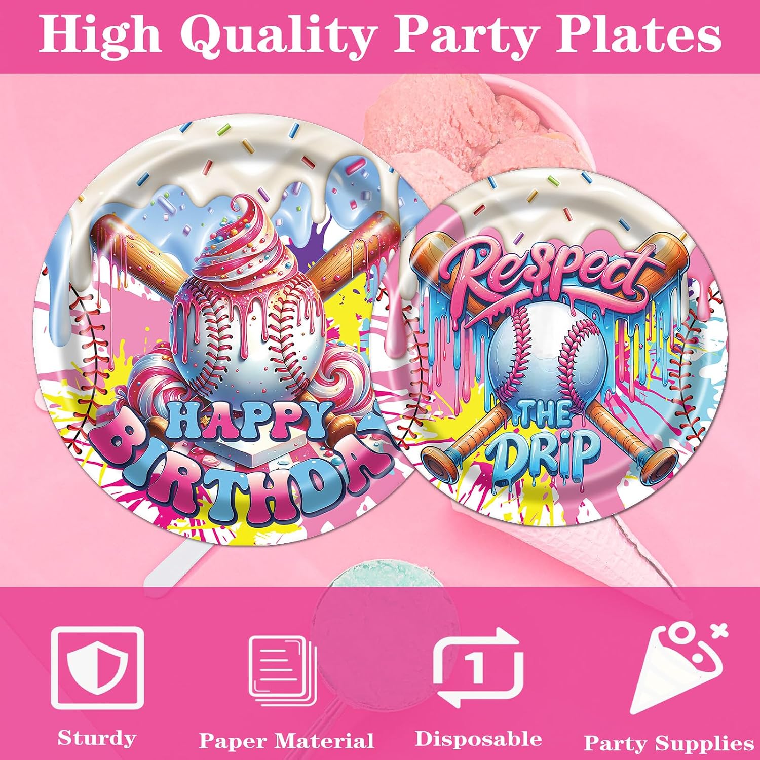 Ice Cream Drip Baseball Theme Party Decoration - 96Pcs Disposable Plates Napkins Forks Tableware Kit for Icecream Baseball Birthday Party Supplies, Serve 24 Guests