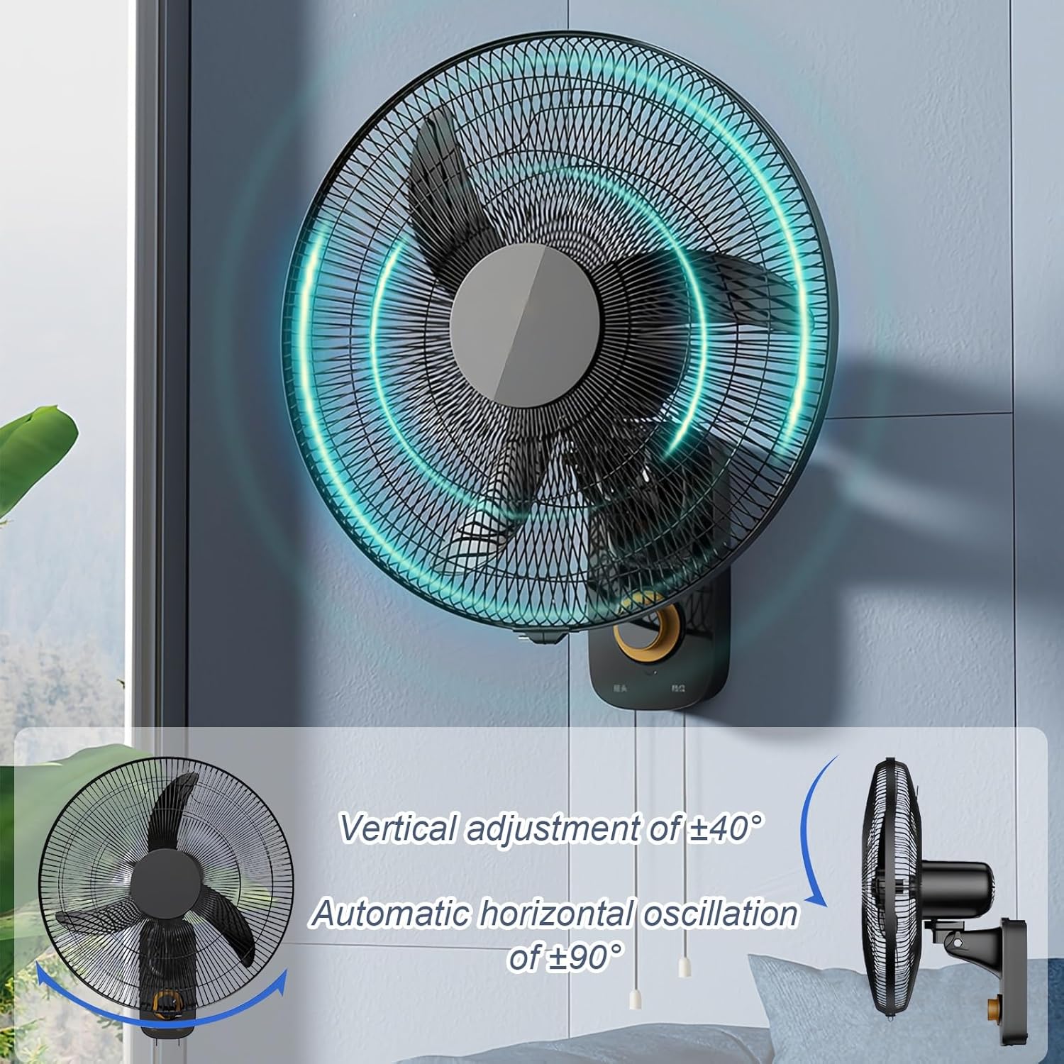 Wall Mount Fan, 3-Speed, 90° Oscillation, 14.07 ft/sec Airflow, Noiseless for Quiet Cooling, Ideal for Home, Bedroom, Gym & Office Use
