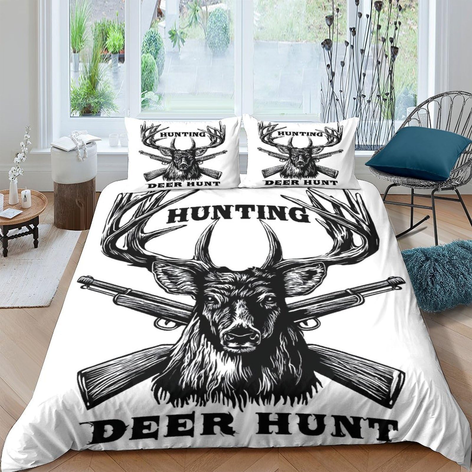 GPLZQXKJNH 3D Printed Deer Antlers Duvet Cover Microfiber Soft Breathable Hunting Rifle Bedding Set with 2 Pillowcases for Bedroom Decor Single（135x200cm）