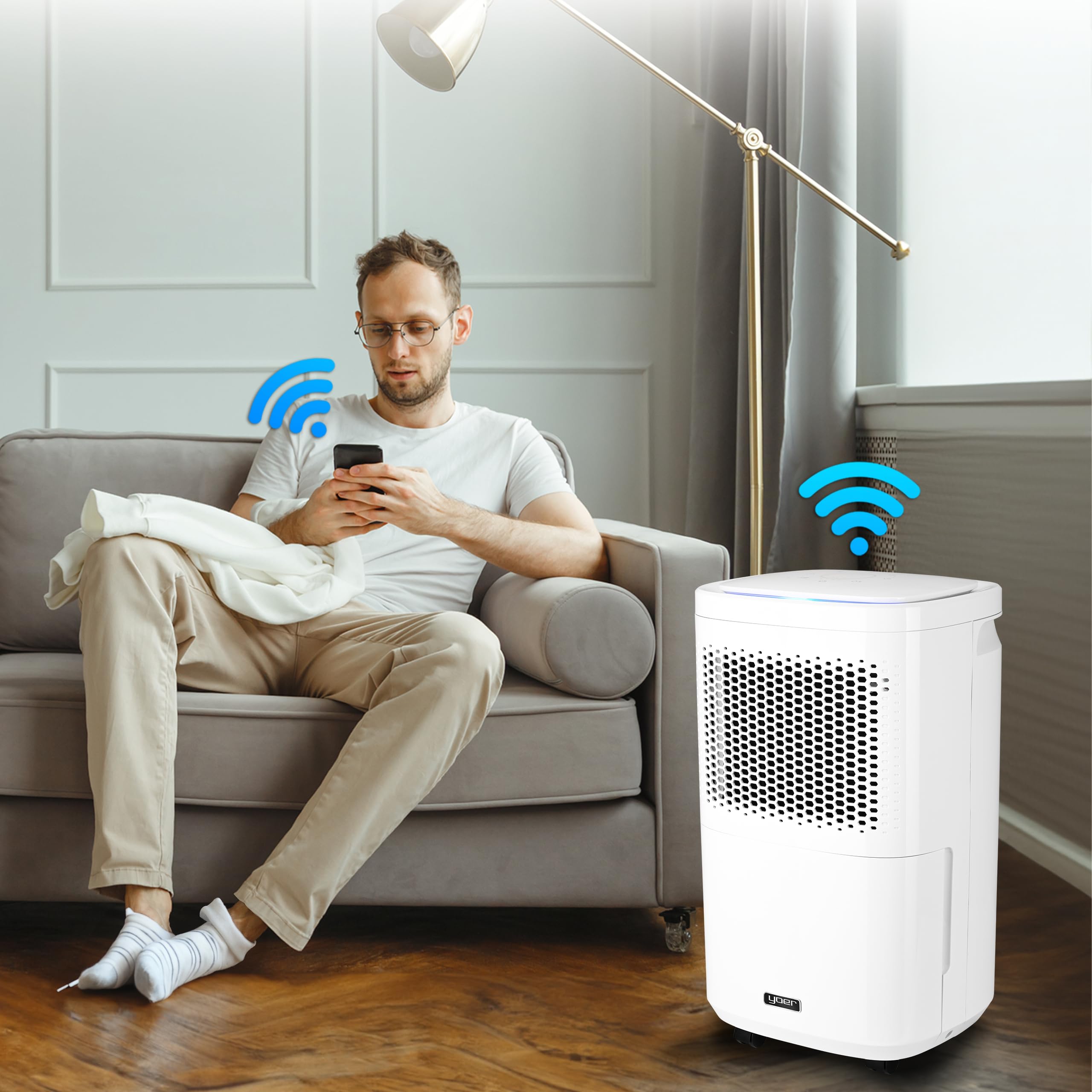 Yoer Dryo DE02W, Osuszacz powietrza 210W, Pochłaniacz wilgoci, Oczyszczacz powietrza, 12l/24h, Aromaterapia, 24 godzinny programator czasowy, Cichy, Wskaźnik LED, Wi-Fi, Biały