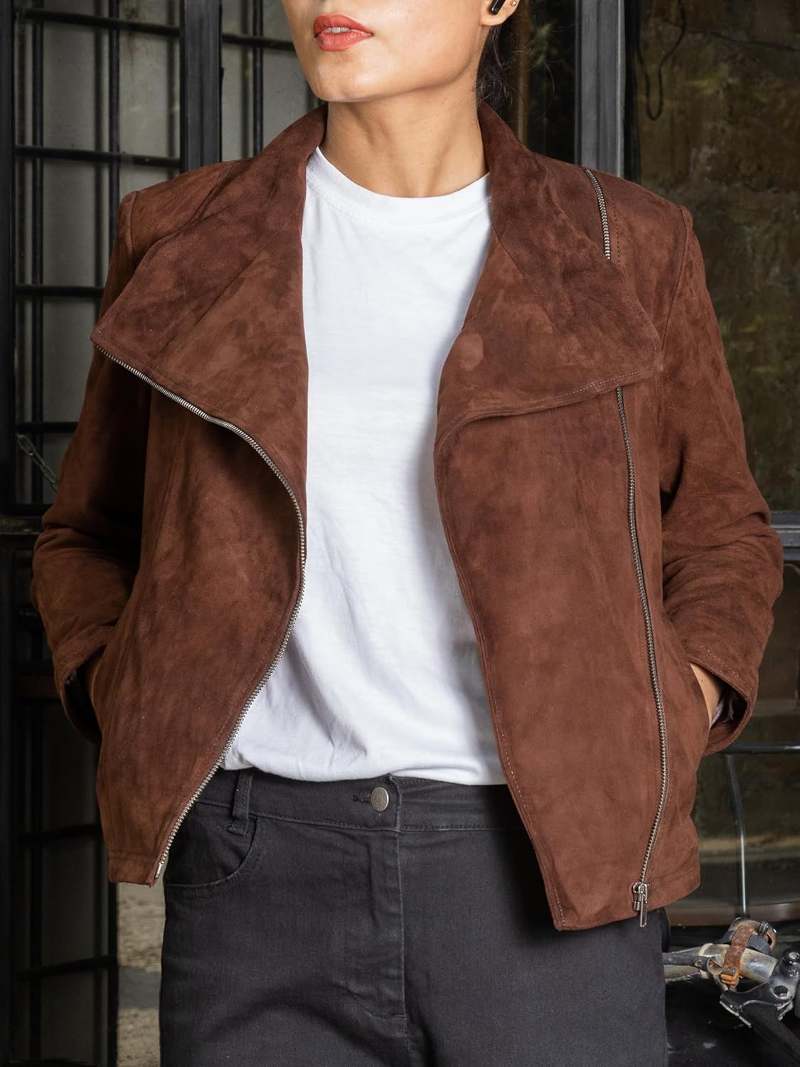 Jild Suede Leather Jacket Women Long Sleeve Fall & Winter Women's Fashion Moto Biker Jacket Open Front Cropped Coat Outerwear