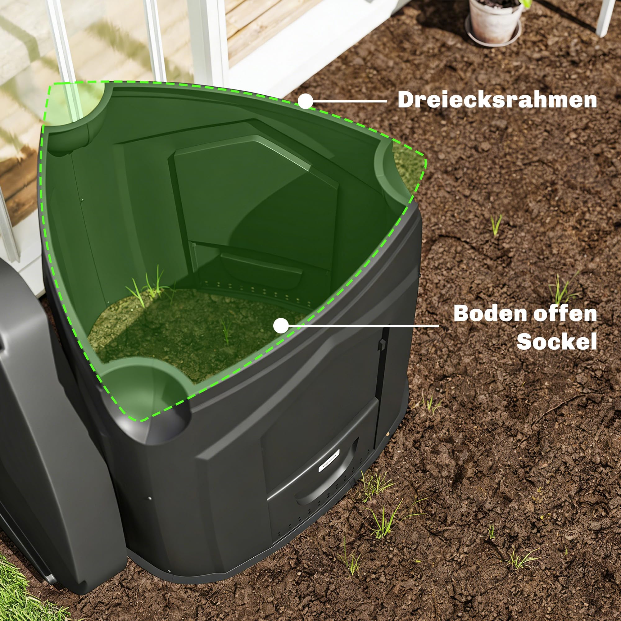 Outsunny Gartenkomposter, 240L, 78 x 75 x 78 cm Dreieckiger Kompostbehälter mit 3 Türen, 66 Lüftungslöchern und offenem Boden, Thermokomposter inklusive Handschuhe und Schraubendreher, Schwarz
