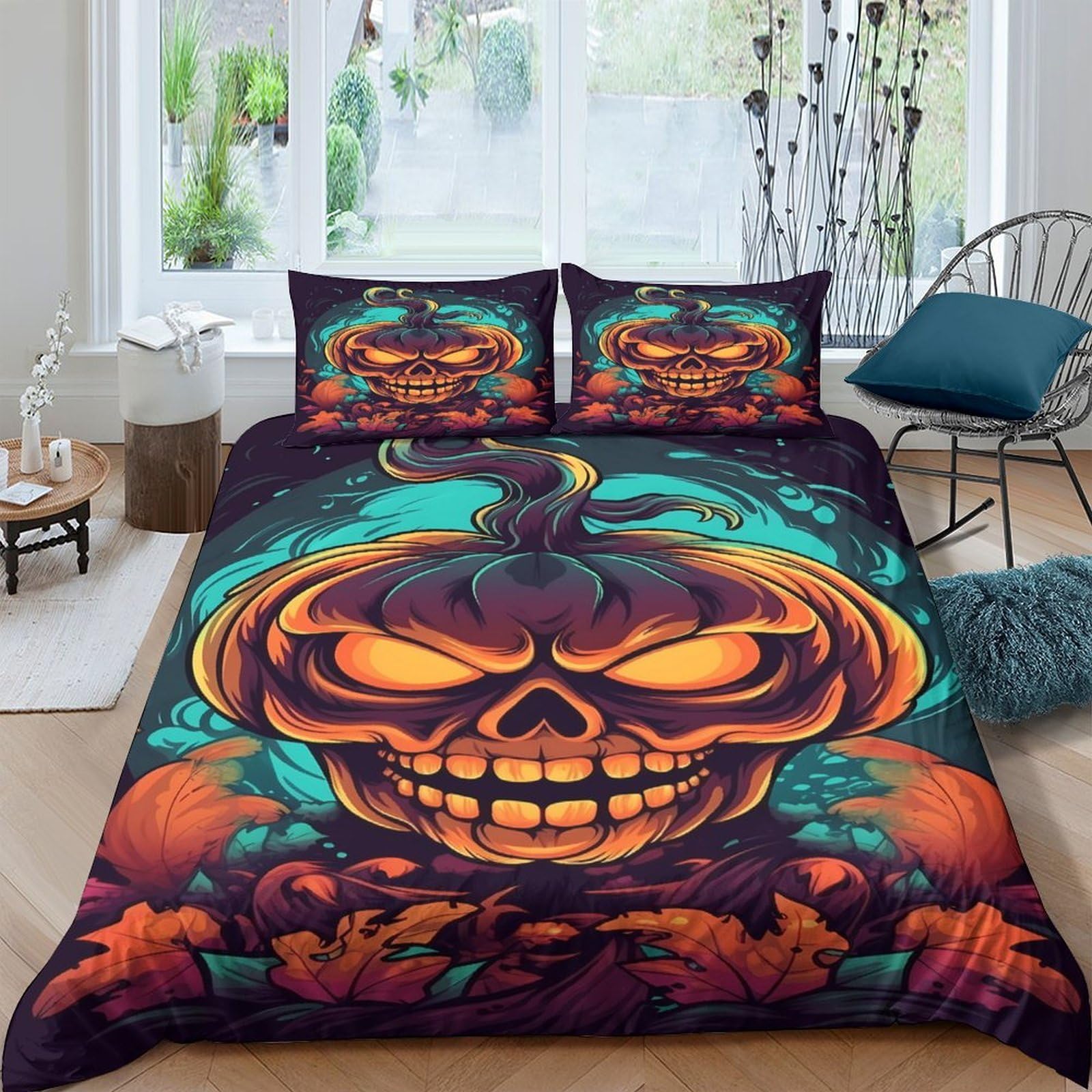Ctjqhvkz Style-10 3D Printed Halloween Pumpkin Skull Fitted Sheet Microfiber Soft Orange Gothic Bed Cover For Bedroom Dorm Mattress Protection Single（135X200cm）