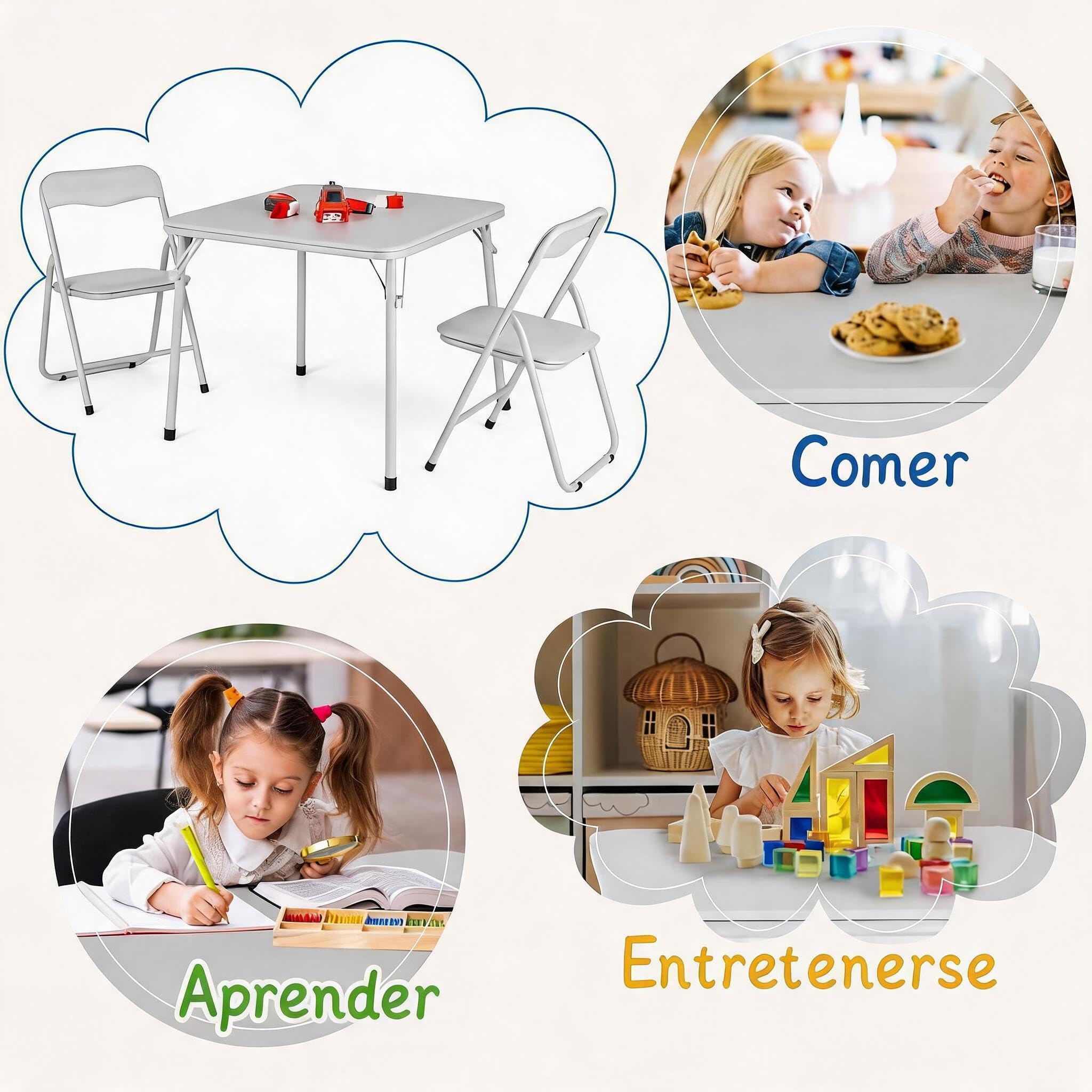 IDEALHOUSE Mesa y Silla Plegable para Niños, Bordes Redondeados Seguridad, Mesa Infantil con Sillas con Cojines y Respaldos Suaves y Marco de Acero Resistente, para Juegos, Aprender y Comedor, Beige