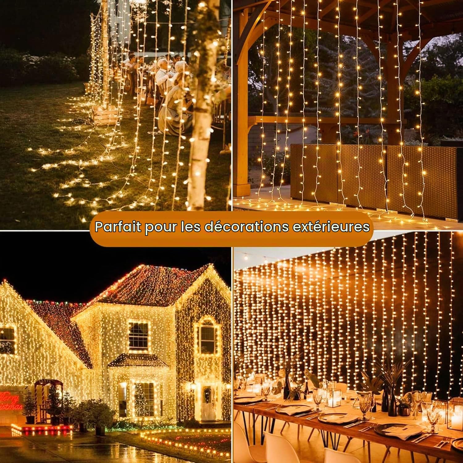 Cozymeow 2 Pièces Rideau Lumineux 6x3m 600 LED Guirlande Lumineuse 8 Modes | Cascade Lumineuse avec Minuterie, Étanche pour Décoration Jardin Noël Extérieur, Pergola, Tonnelle, Fenêtre - Blanc Chaud