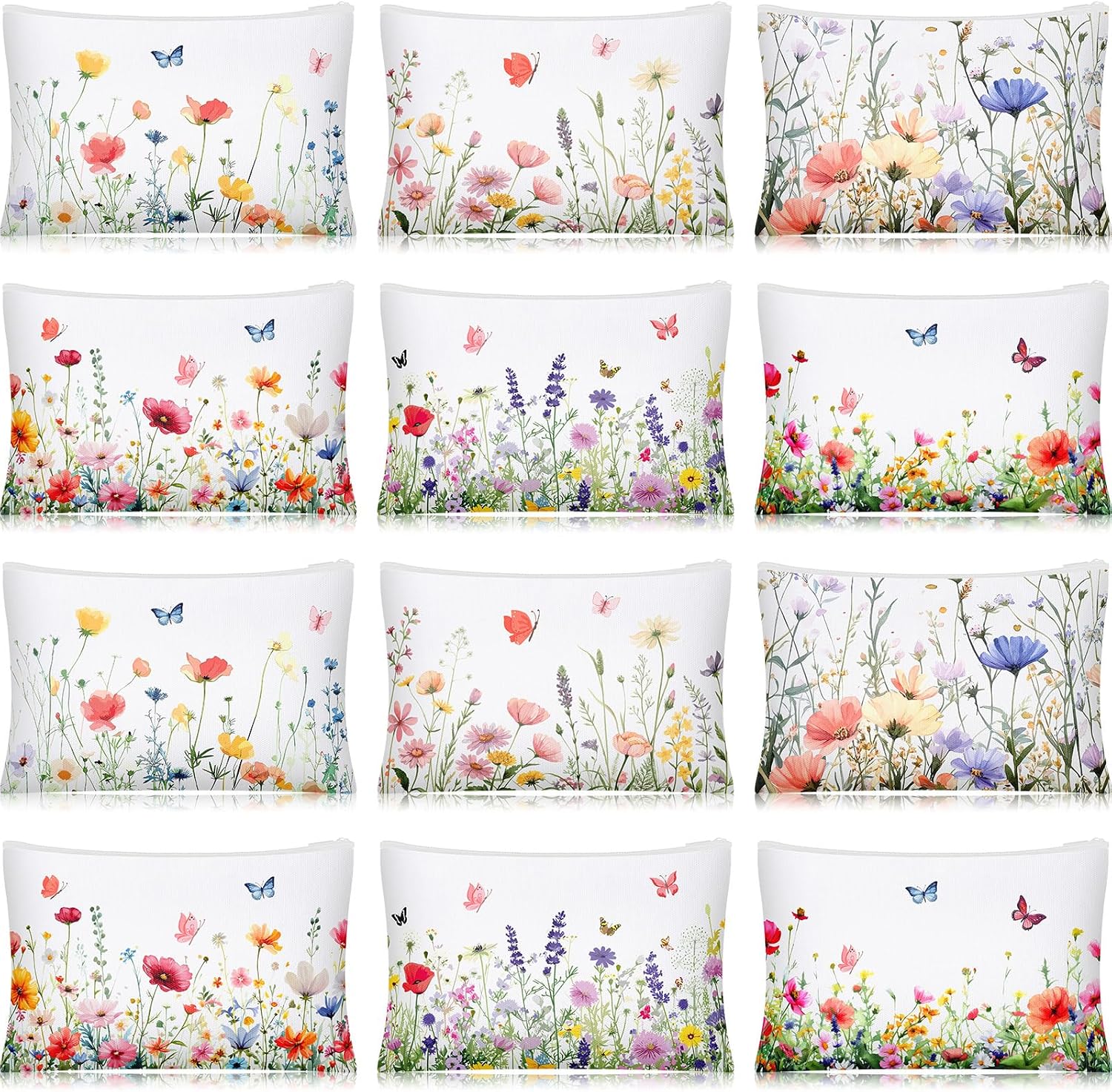 12 Pcs Wildflower and Butterfly Makeup Bags Canvas Cosmetic Bags Bulk 9 x 6 Inches Pencil Pouch with Zipper Travel Toiletry Pouch for Women Summer Holiday Party Favor Gift