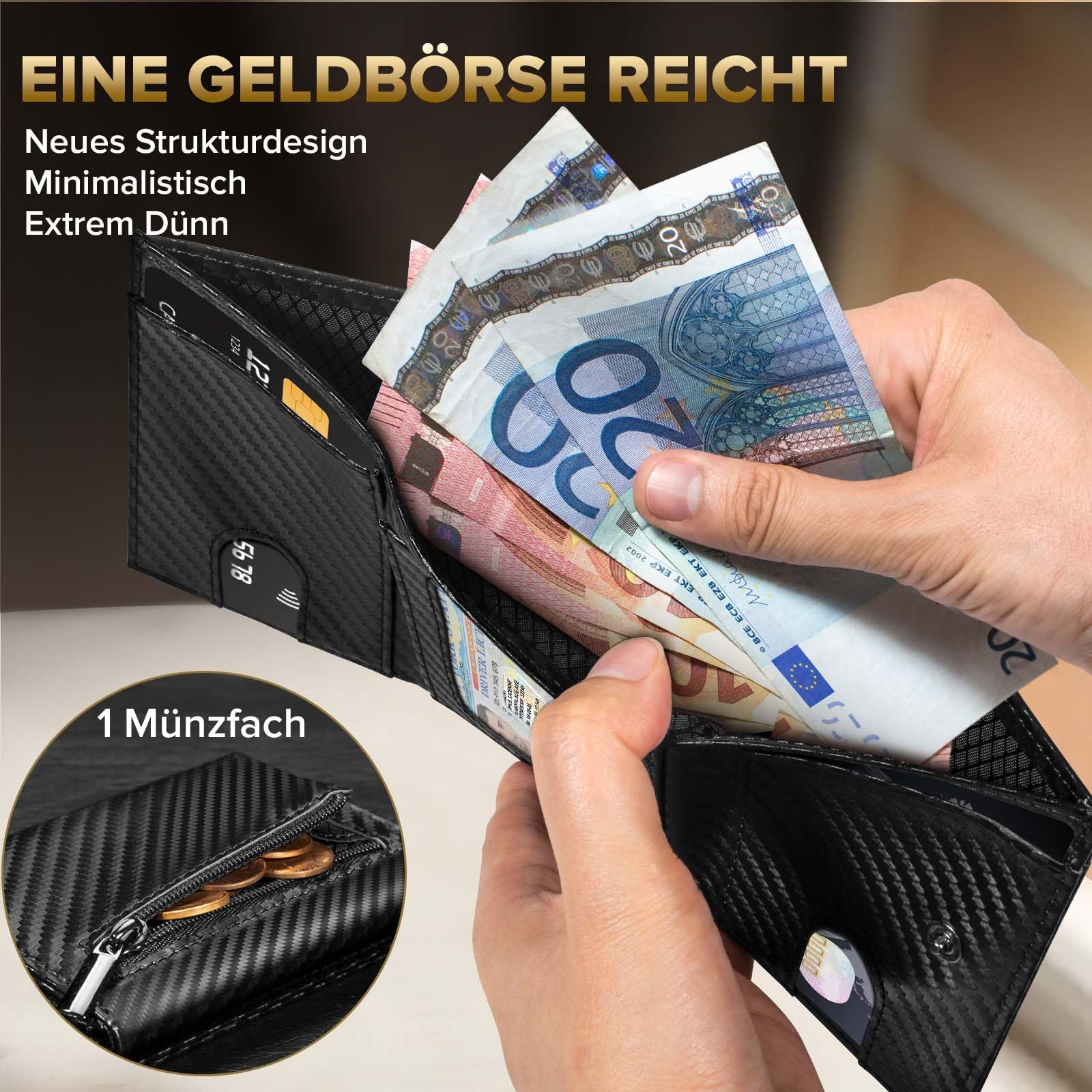 UNOSEKS Portafoglio da uomo – Portafoglio da uomo con protezione RFID, Tri-Fold Portafoglio da uomo Nessuno, Slim Wallet con scomparto per monete, 1 ID e 4 carte di credito, da uomo