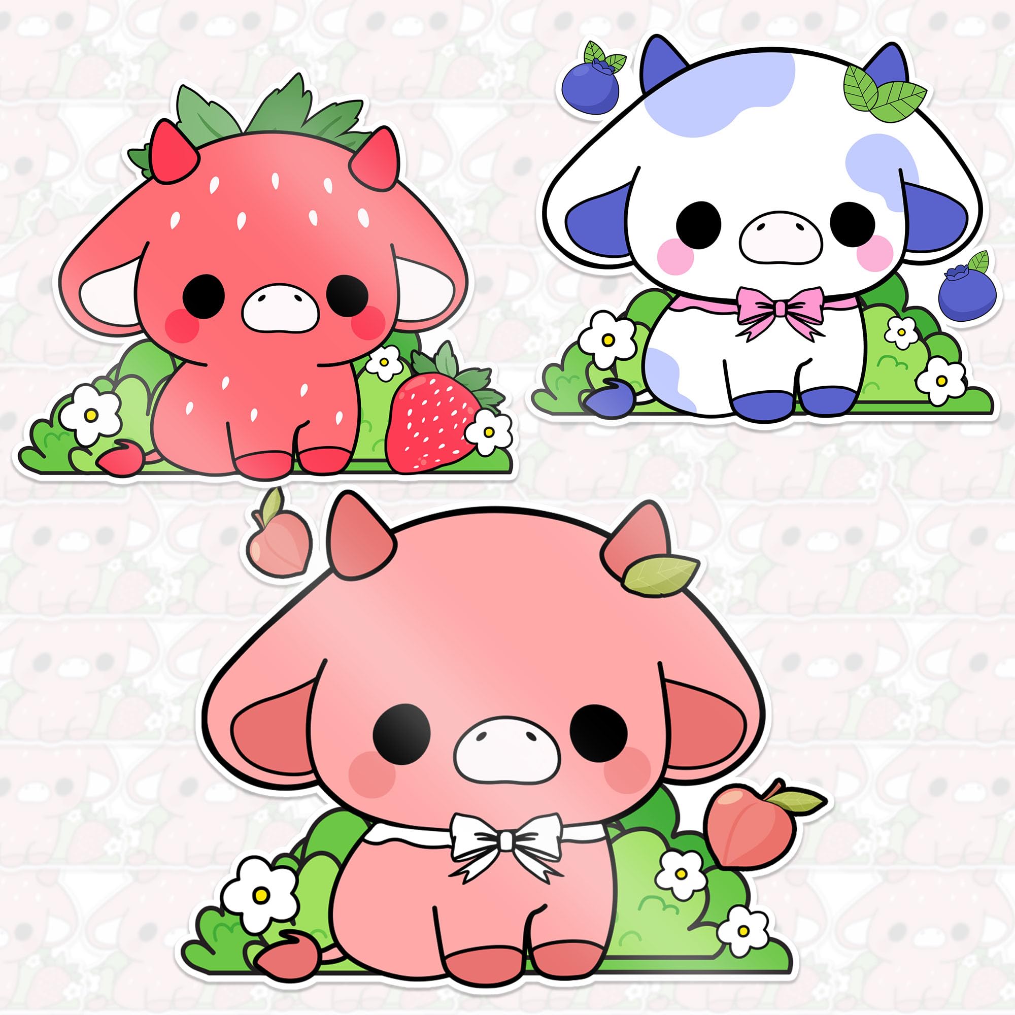 Set 3PCS 3 Inches - Fruit Cows Sticker Cute Strawberry Peach Cherry Cow Stickers Food Animal 3" Waterproof Vinyl Decal for Water Bottles Tumbler