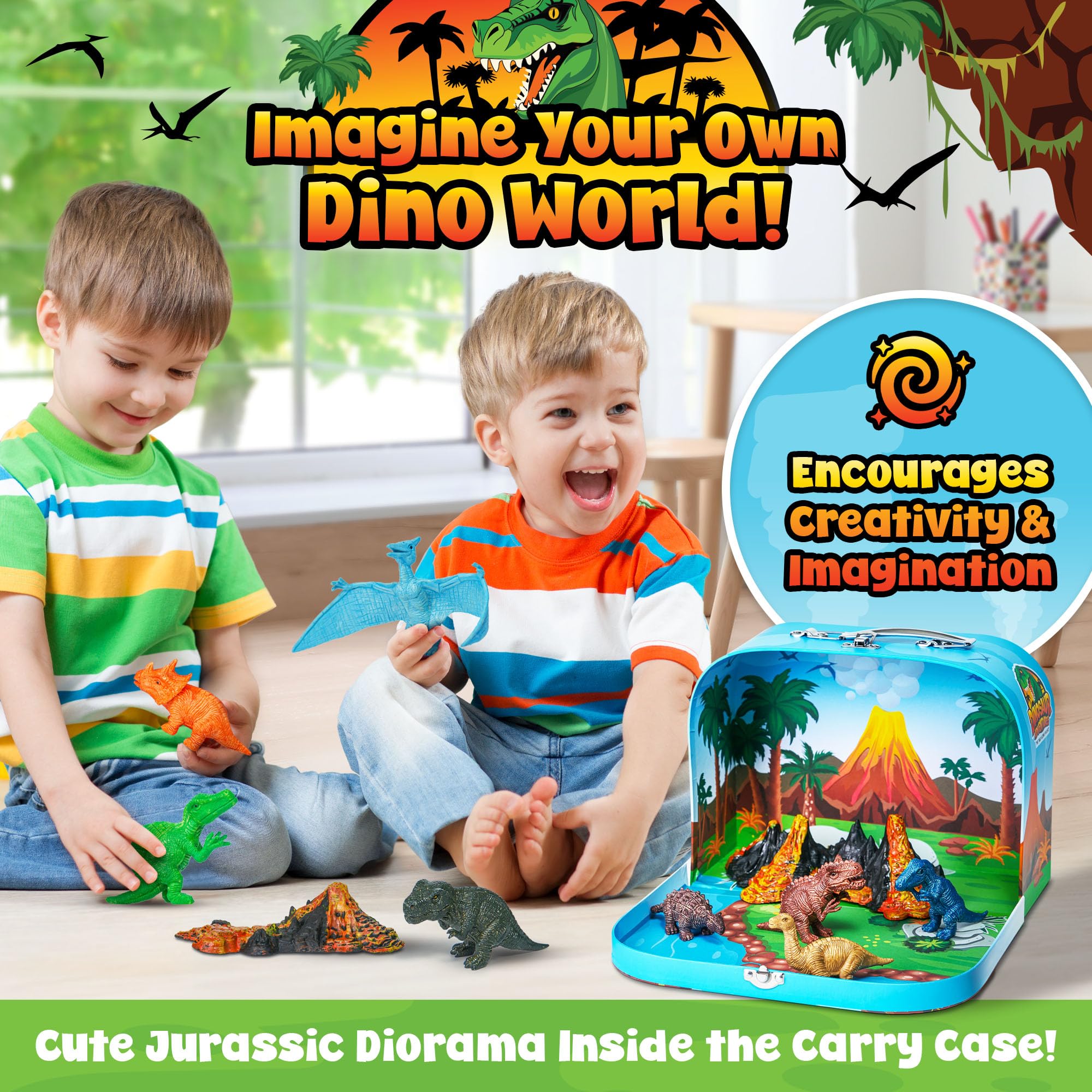 Team Power Dinosaurs Carry Case Set - with Play Scenery Inside, 8 Dinosaur Figures & 2 Volcanic Landscape | Toddler Toys for Kids 3-5