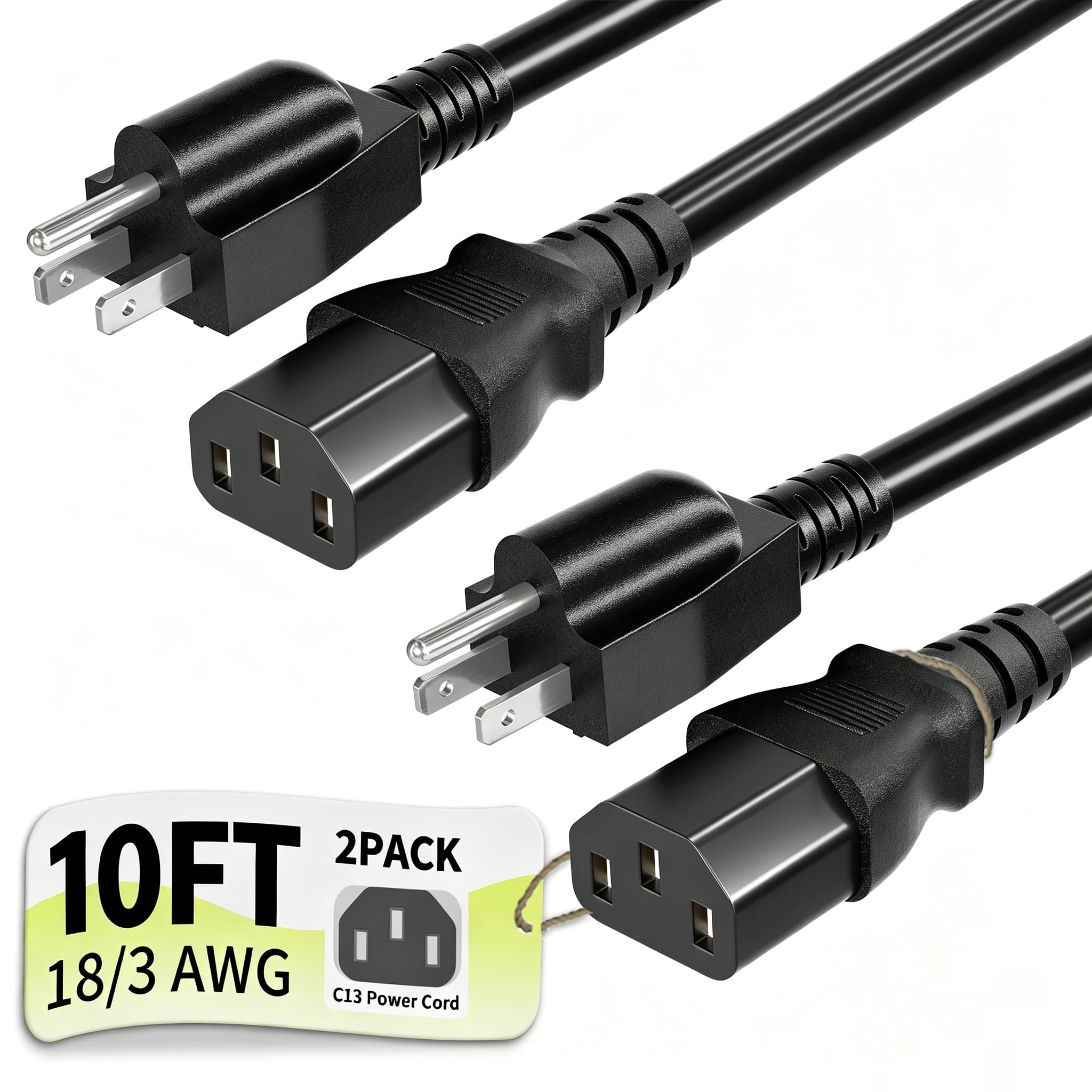 Vockjour Universal 10ft 2 Pack Power Cord, 3-Prong Pure Copper ETL, Black