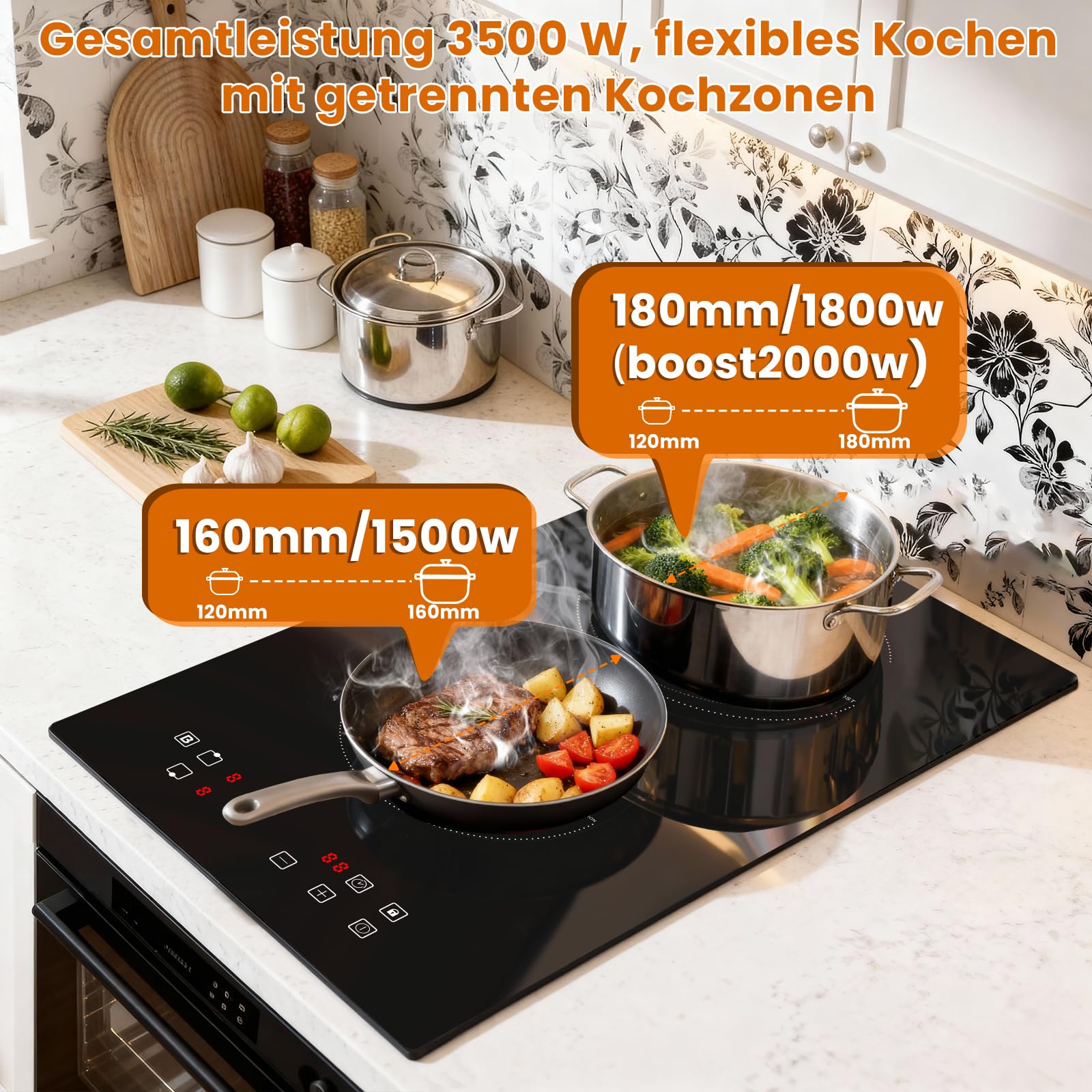 Induktionskochfeld 2 Platten, Induktionskochplatte Einbau 2 Zonen 30 CM, 9 Leistungsstufen, 3500W Mit Boost-Funktion, Timer, Kindersicherung, 220-240V - 3