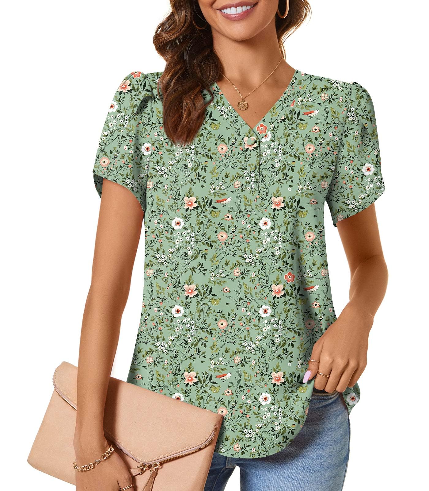 CATHY Womens Casual Summer Tops Dressy Petal Short Sleeve Chiffon Shirts Button Up V Neck Tunic Blouses