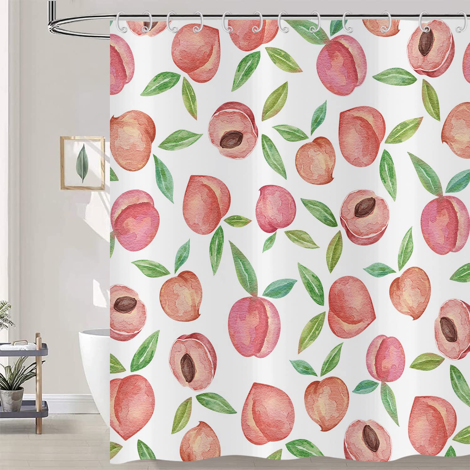 Tenda da doccia Rosa Pesca 180x200, Allover Frutti Verde Foglie Tende da doccia Acquerello Luminoso Colorato Estetica Tenda da bagno Impermeabile Poliestere Tessuto Lavabile Tenda da bagno