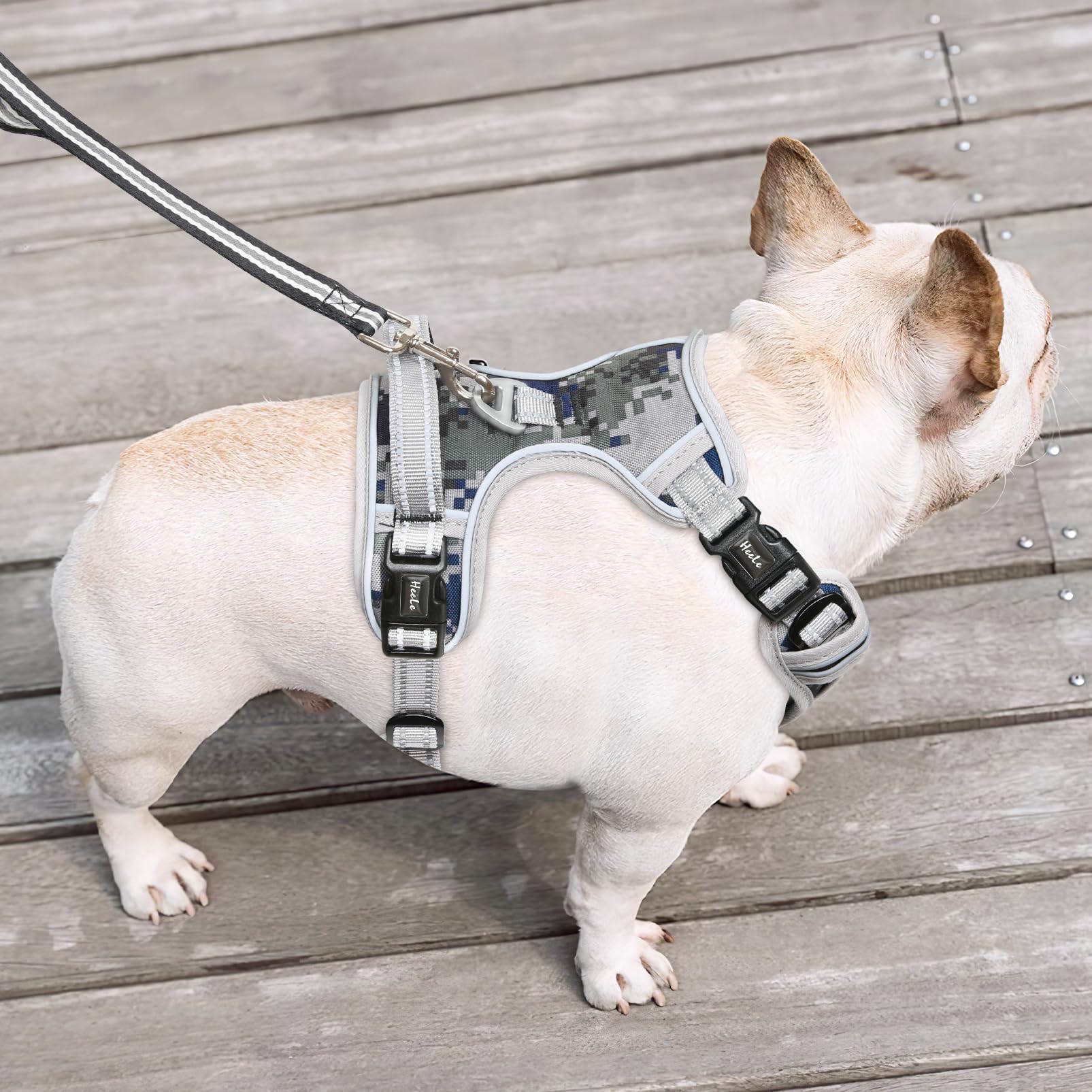 HEELE Pettorina Cane, Imbracatura Sganciata Rapido dal Collo, Pettorina Anti-tiro Riflettente e Regolabile con Maniglia Comoda, Morbida e Imbottita per Cani Piccola Media Grande, Mimetico Grigio S
