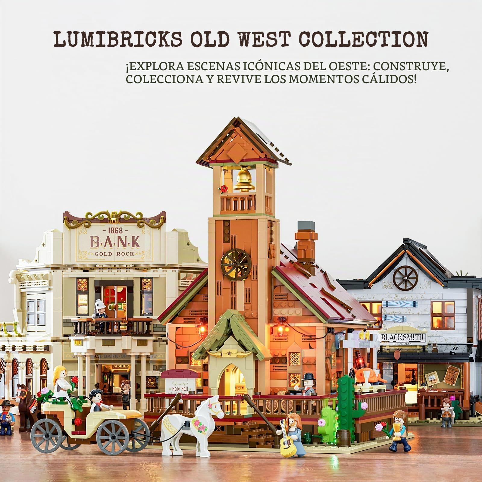 Lumibricks Old West Meeting Hall - Juego de bloques de sujeción iluminados, 2556 piezas, kit creativo de construcción y aprendizaje con estructura de liberación rápida y función de atenuación táctil