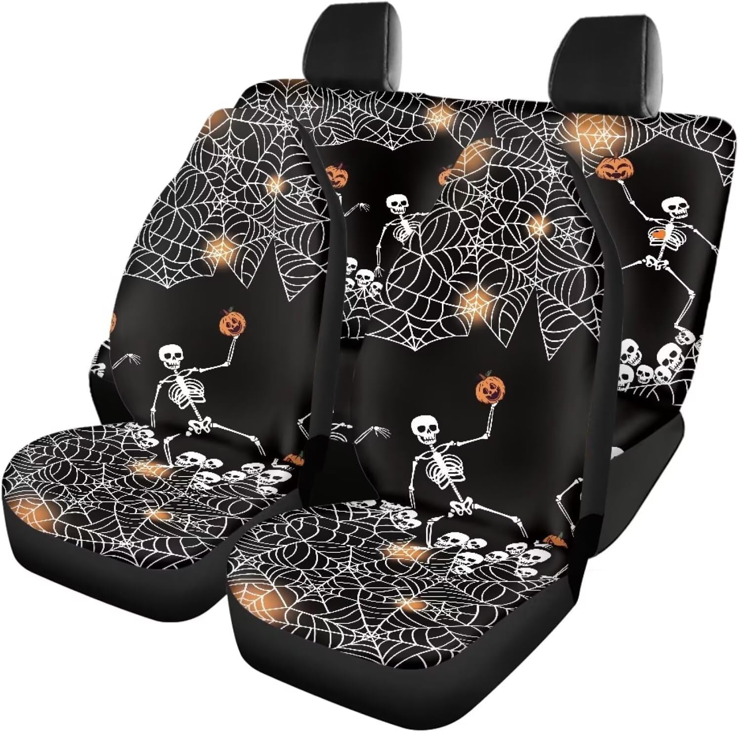 PinUp Angel Beige Black Cat Bat Pumpkin Print Full Car Seat Covers for Front and Rear Seats, Cute Cartoon Skull Patterned Interior Seat Covers for Auto Truck Van SUV for Halloween Party