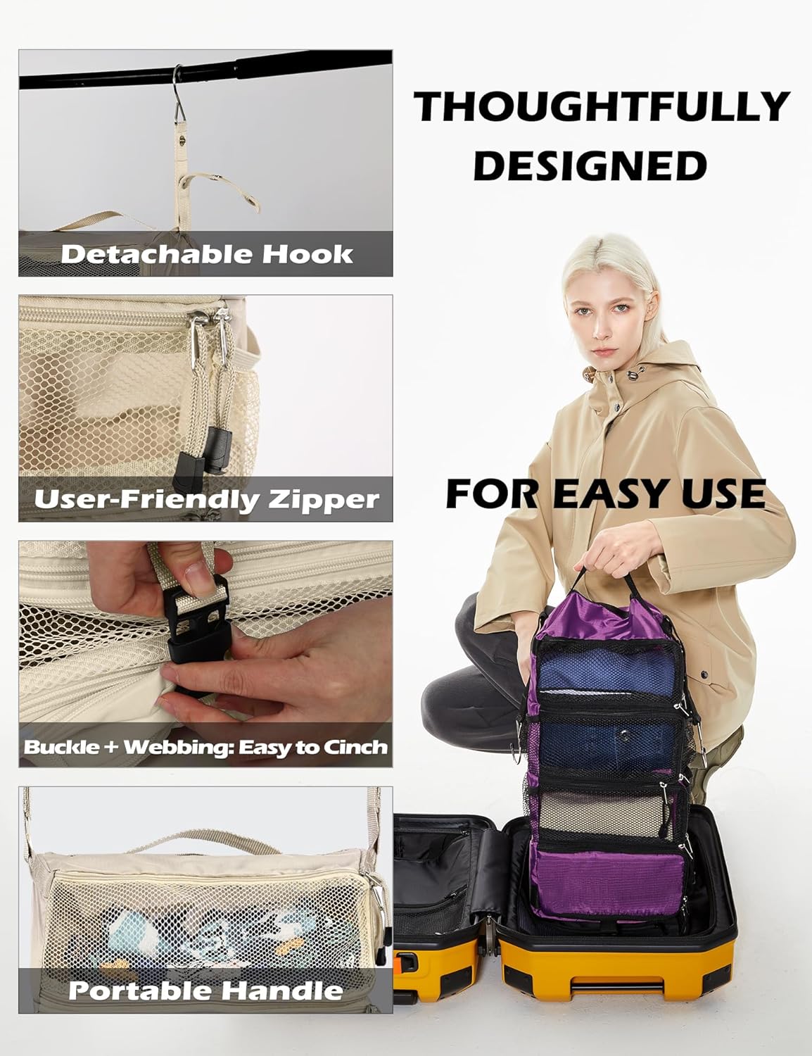 ELEZAY Hanging Packing Cubes All in One Ultra-Light Travel Shelves Portable Compression Organizer Bag Essentials for Carry-on Luggage Suitcase Closet Wardrobe Accessories Medium, Beige