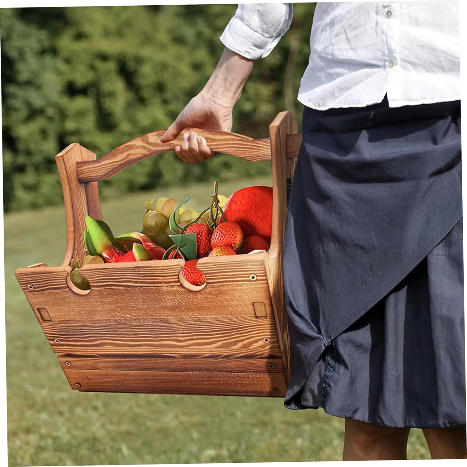 Picnic Table Wooden Folding Table 2-in-1 Basket Table with Wine Glass Holder Outdoor Storage Table Portable for Camping Beach Wine Lover Gift 11.8 * 9.1 * 5.9inch.