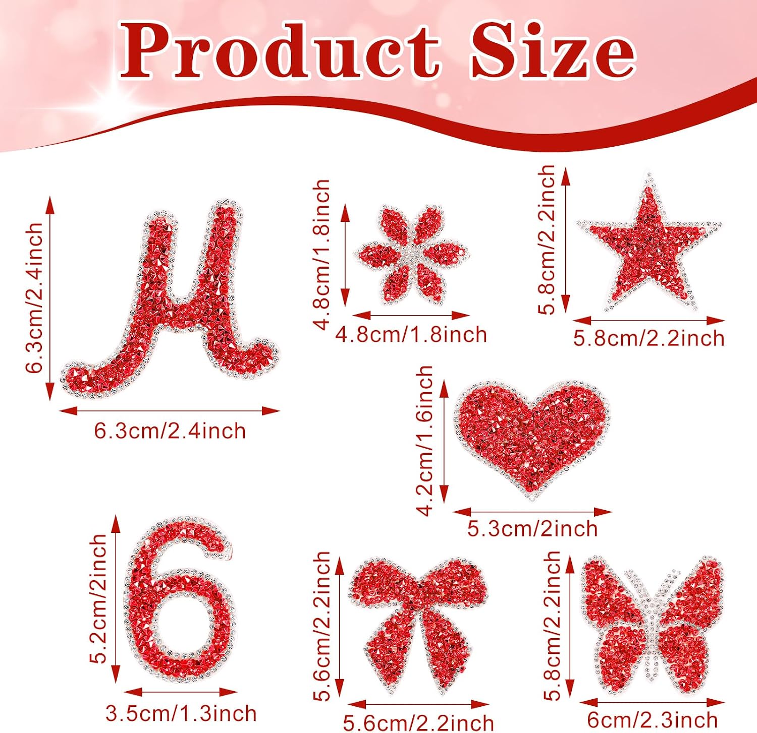 82 PCS Rhinestones Letter Patches Alphabet A-Z, Self Adhesive Number Patch 0-9 Glitter Stickers, Bling Star Butterfly Flower Iron on Letters for Clothing Bags Hats DIY Works(Red)