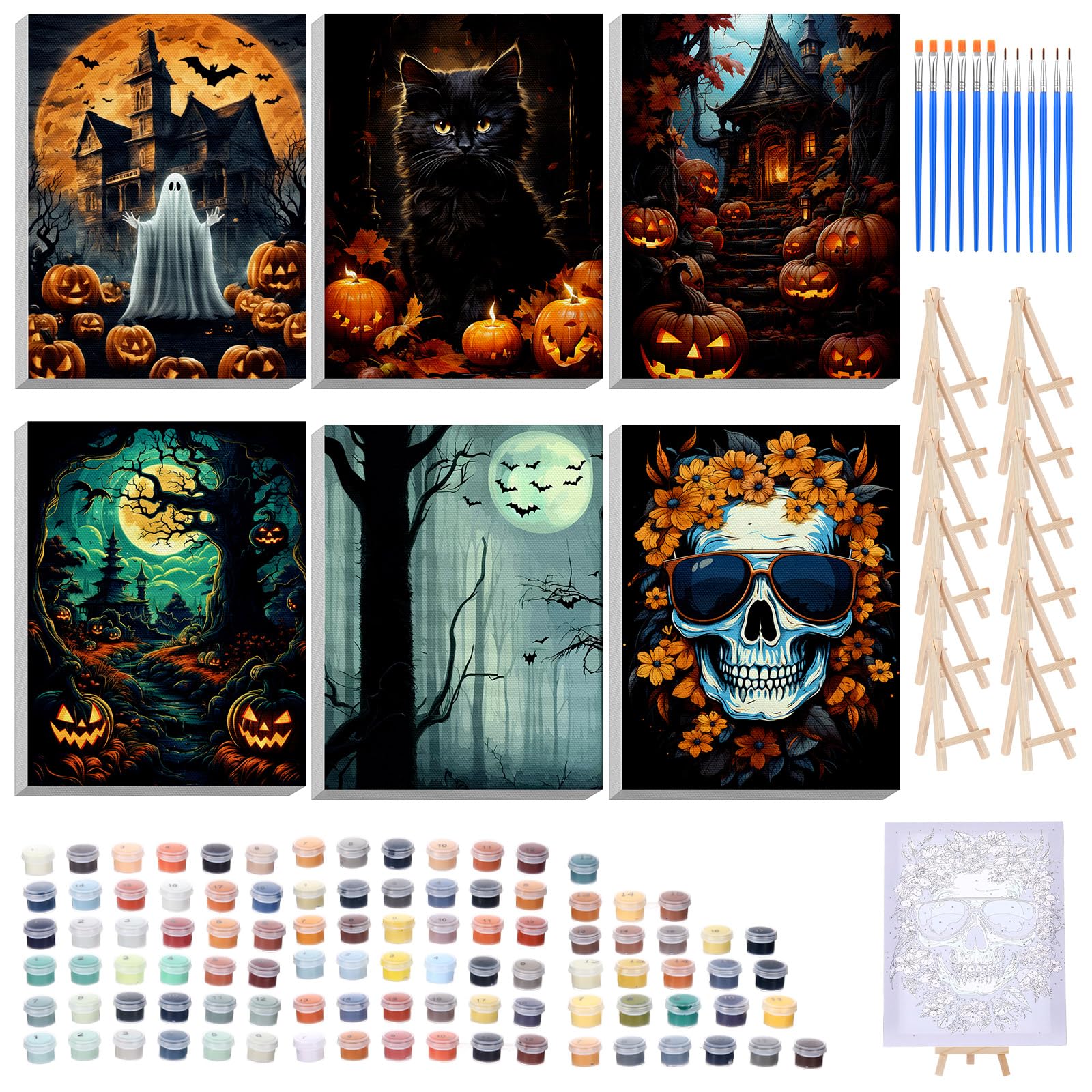 Honoson 6 kit di pittura per Halloween con numeri per adulti, 20 x 30 cm, fai da te, fantasma, scheletro, zucca, gatto, kit per principianti con telaio in tela, cavalletto, colori acrilici, pennello