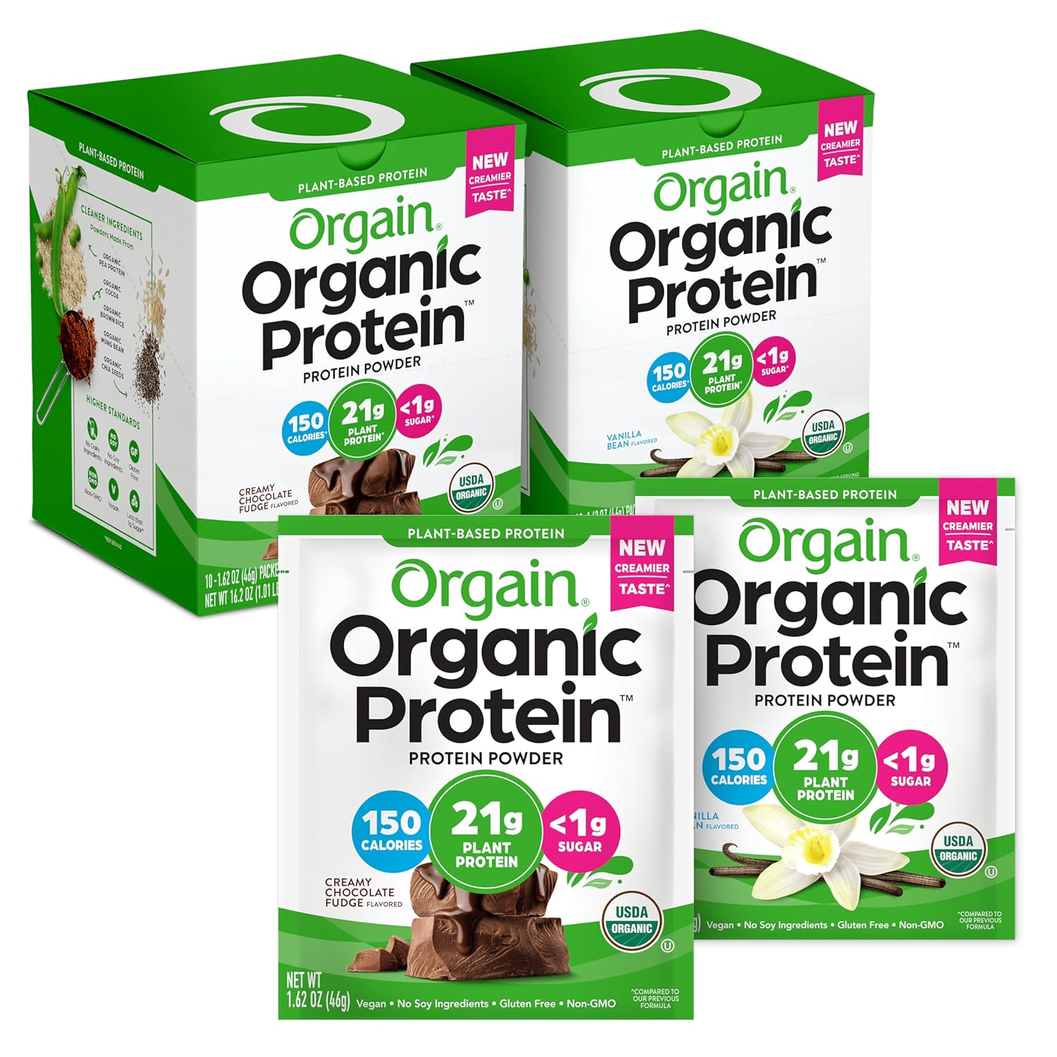 Orgain Organic Vegan Protein Powder Travel Packs - Vanilla Bean and Chocolate Fudge (10 Packets Each)