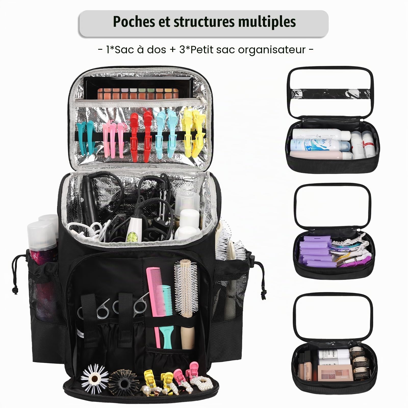 Sac de voyage pour coiffeur, sac à dos de voyage de grande capacité pour barbier, sac de coiffure avec séparateurs réglables, étui de voyage pour outils de coiffure, sacs de cosmétologie