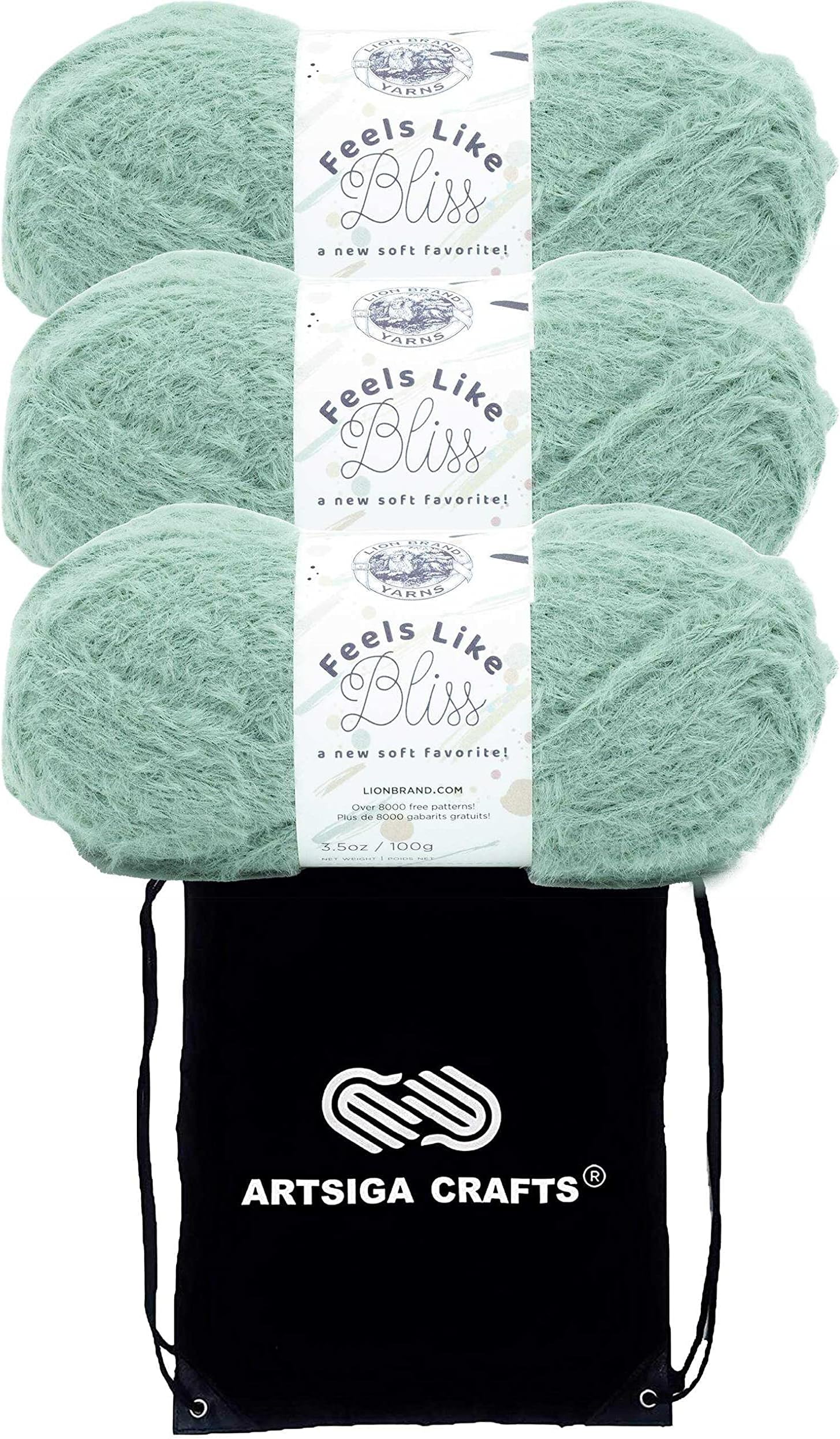 Lion Brand YarnFeels Like Bliss Sage 153-173 (3-Skeins - Same Dye Lot) Chunky Bulky #5 Nylon for Crocheting and Knitting - Bundle with 1 Artsiga Crafts Project Bag